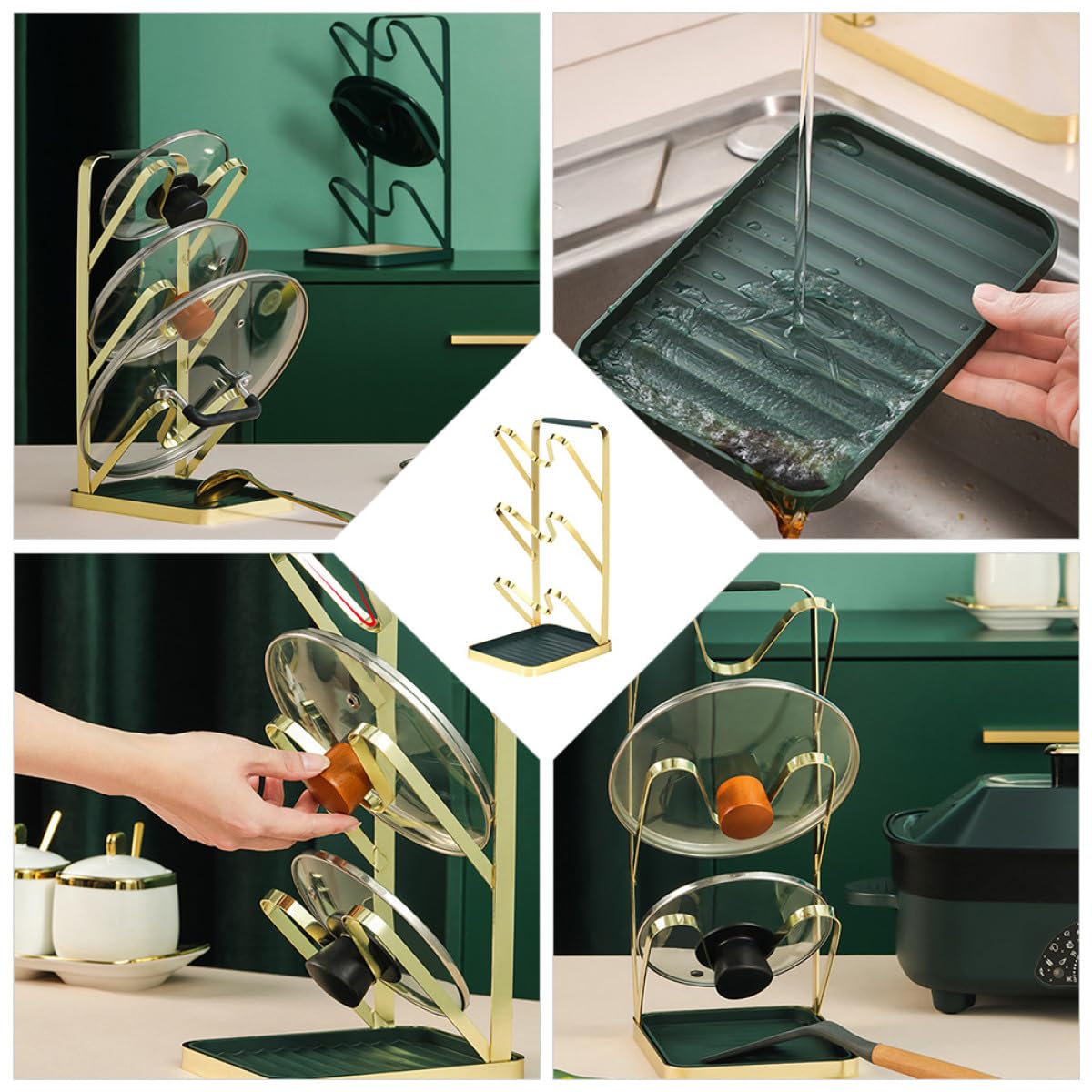 Support de Rangement Cuisine à Trois Niveaux en Pp et Fer, Grosse Capacité, Facile à Utiliser, pour Organiser Couvercles de Casseroles et Accessoires Cuisine