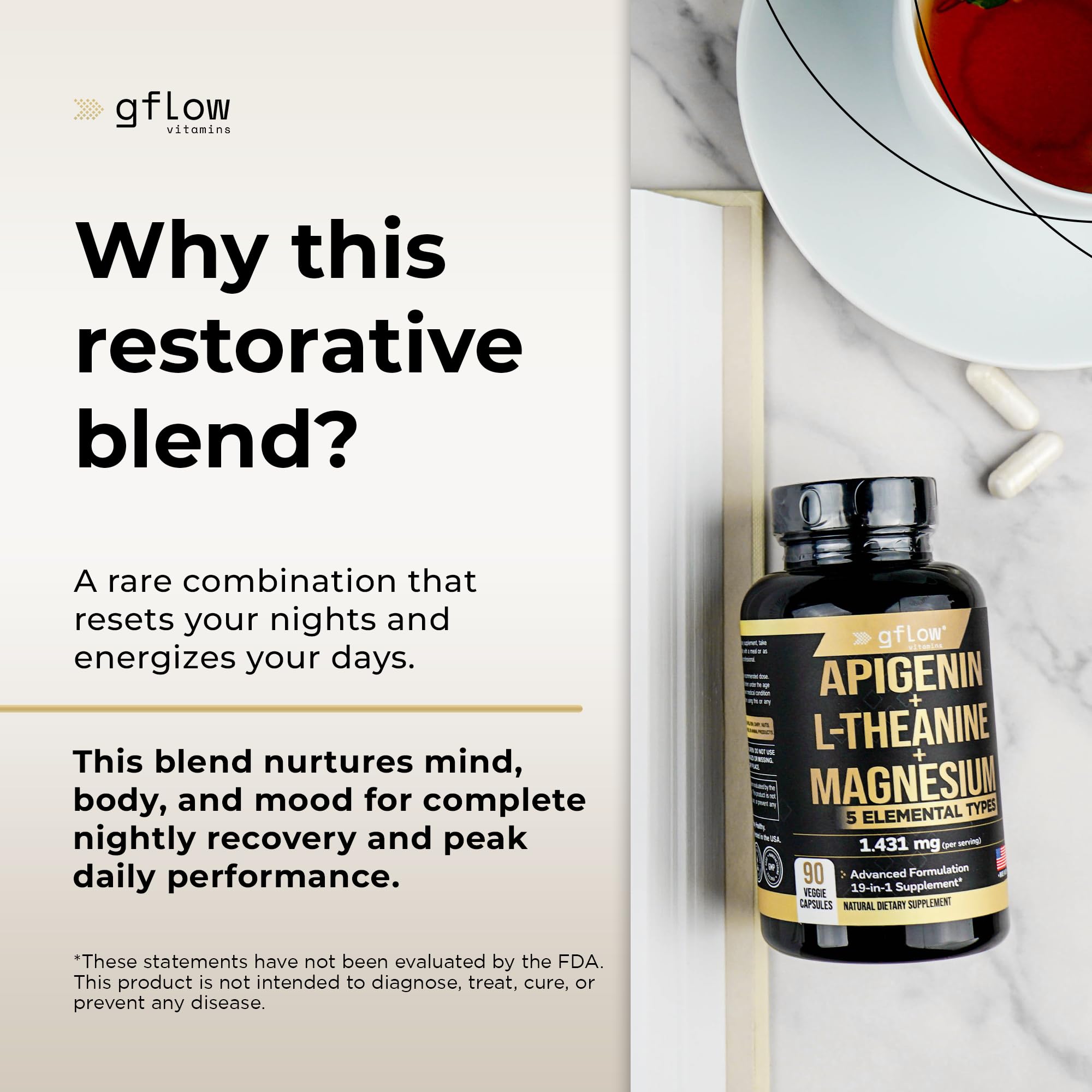 Gflow Vitamins Apigenin Supplement for Sleep with Magnesium Glycinate Complex and L-theanine Supplement - 19 in 1, Ashwagandha L Tryptophan 5-HTP GABA Phosphatidyl Serine, Chamomile | Made in USA — Amazon image 3