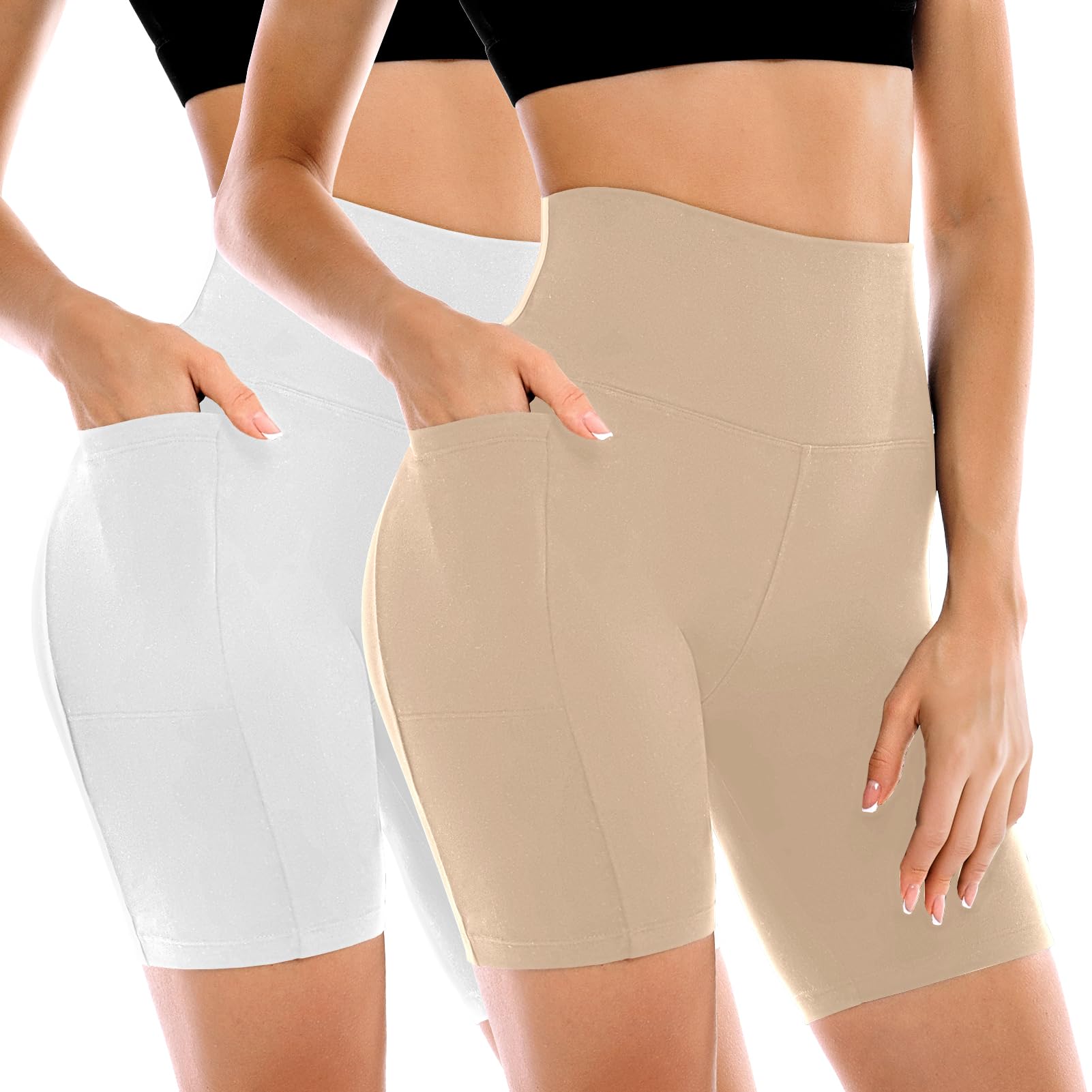Leafigure 2 Pack Womens Biker Shorts with Pockets, High Waisted Yoga Shorts for Women Running Gym and Workout: White/Beige Large-X-Large