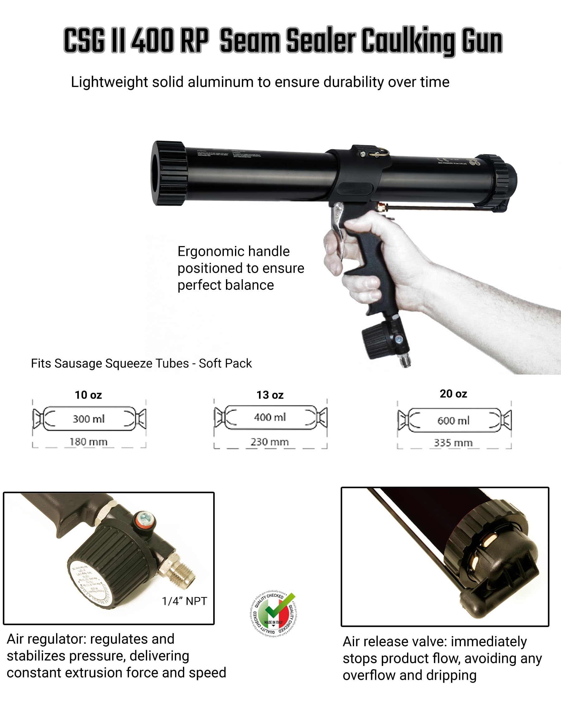 Pneumatic Seam Sealer Caulking Gun for Sausage Soft Packs 10oz/300ml, 13.5oz/400ml, 20oz/600ml