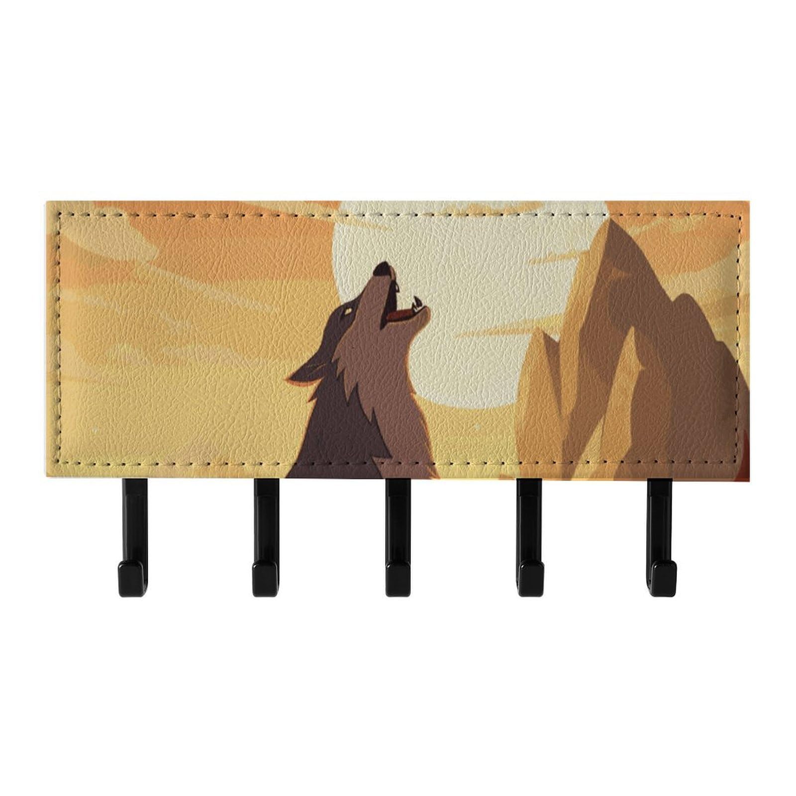 Fekiloot Black Wolf Key Holder For Wall Adhesive, No Drilling, Key Hooks With 5 Hooks Wall Mounted, Self Adhesive Keys Rack For Entryway, Hallway, Living Room, Kitchen, Office