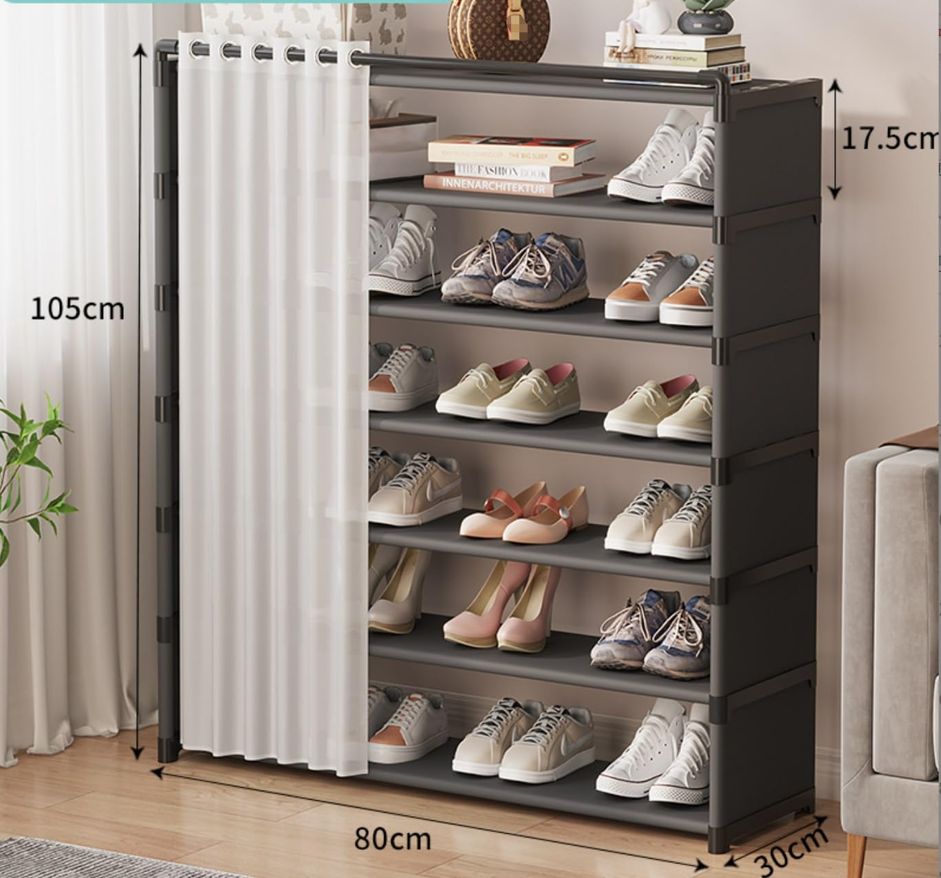 Zapatero de metal apilable con tela no tejida, organizador de almacenamiento de zapatos independiente para armario, entrada, pasillo, fácil montaje (negro, 105 x 80 x 30 cm)