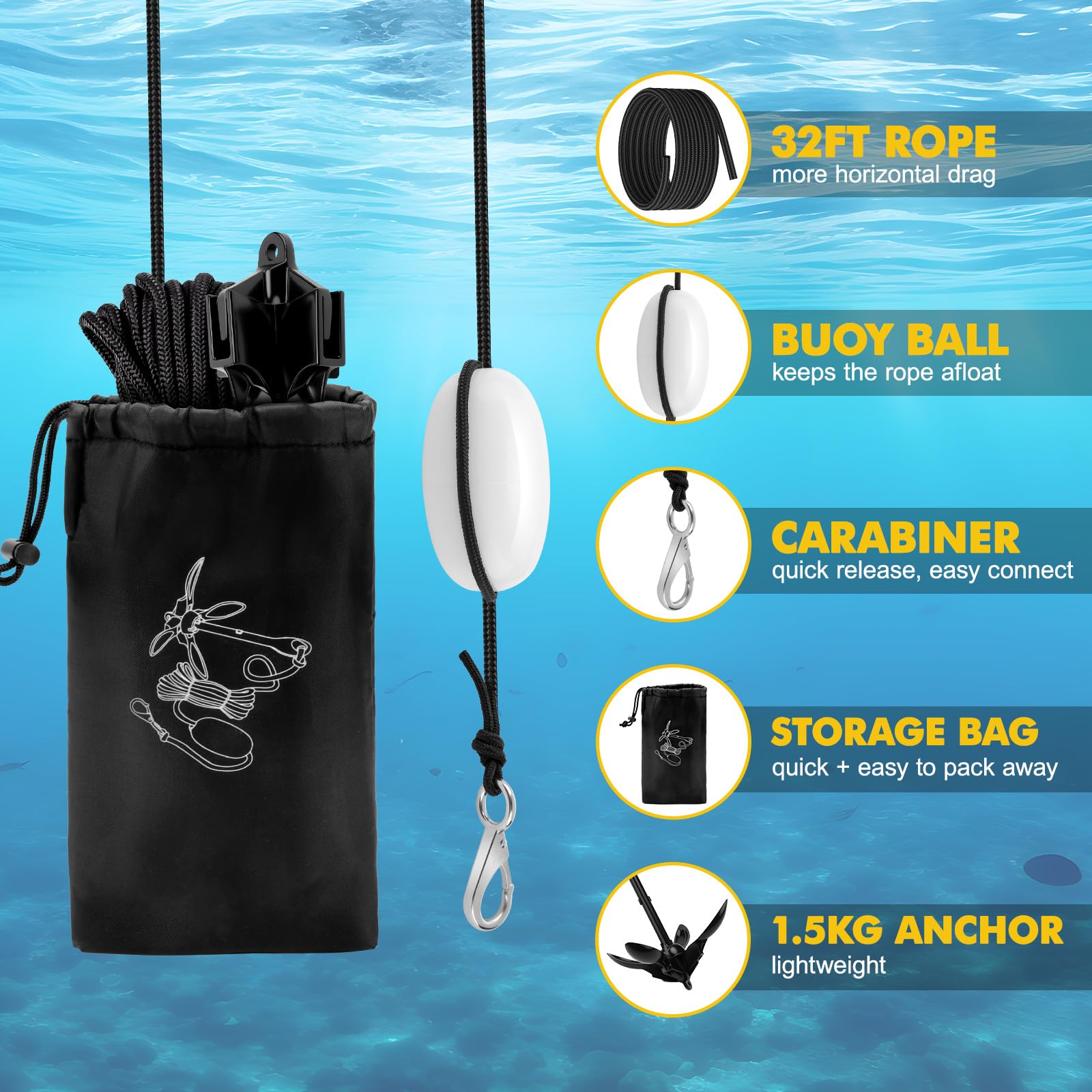 Ancoraggio pieghevole per barche, 1,59 kg, set di ancoraggi pieghevoli con corda di ancoraggio da 12 m, per gonfiabile, barca, SUP, paddle