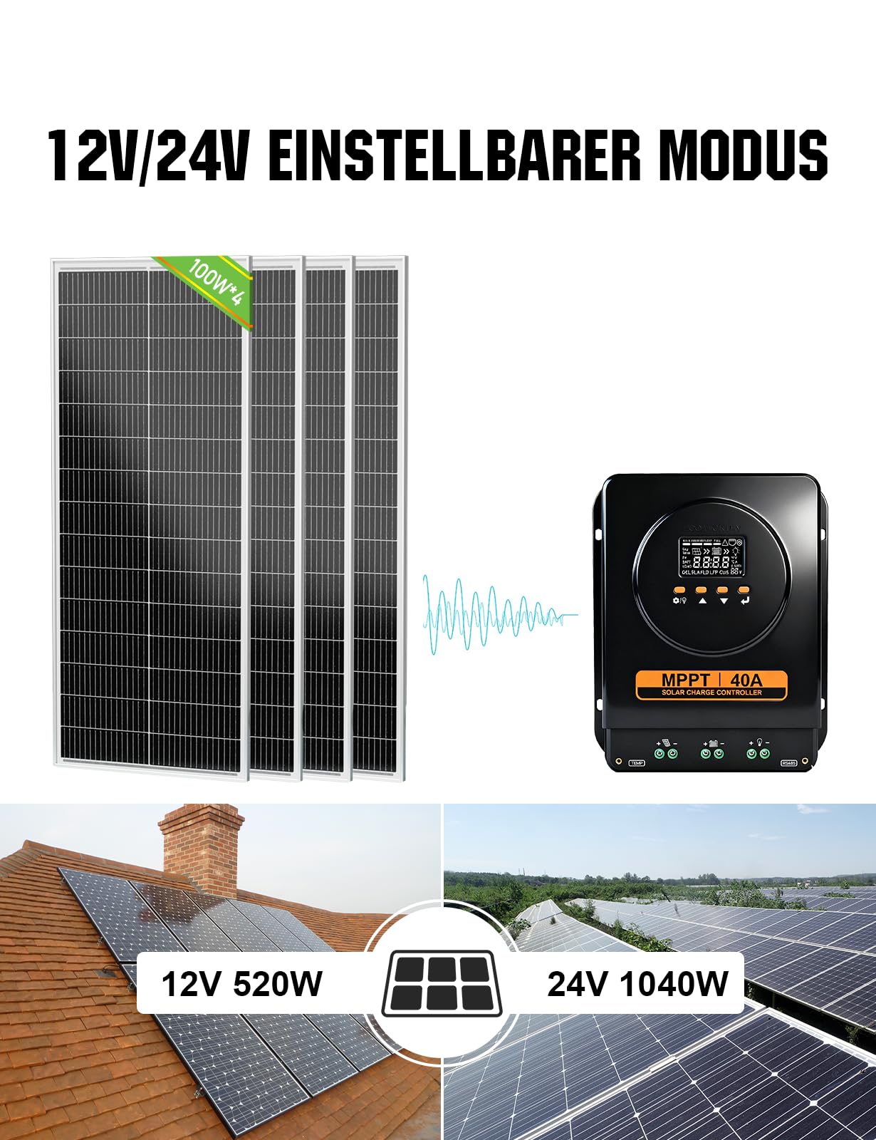 ECO-WORTHY 1,6 kWh solaranlage komplettset mit 12V 100AH LiFePO4 Batterie + 4 Stücke 100W Solarpanel + 40A Laderegler Bluetooth + 1100W Wechselrichter, Solaranlage Komplettset für Dach Haus Balkon Gar