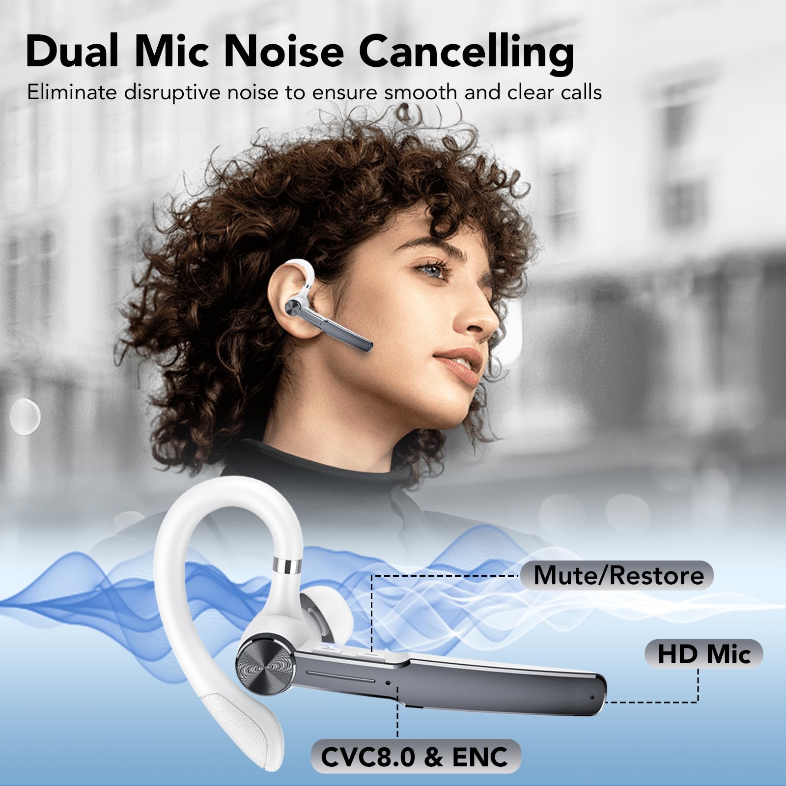 Auricolari Bluetooth V5.3 Singolo Con HD CVC8.0, 110 Ore Di Autonomia, 4 Mics, Riduzione Del Rumore, IPX7 Impermeabile, Per Guida/Lavoro