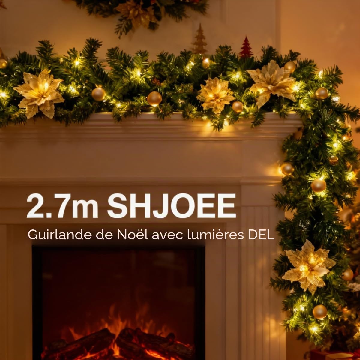 Guirlande de Noël 270cm Avec Lumières Chaudes 5M 50 Leds, Guirlande de Noël avec doré Fleurs et Boules - Décoration pour Portes, fenêtres, cheminées, escaliers, Cour, intérieur et extérieur
