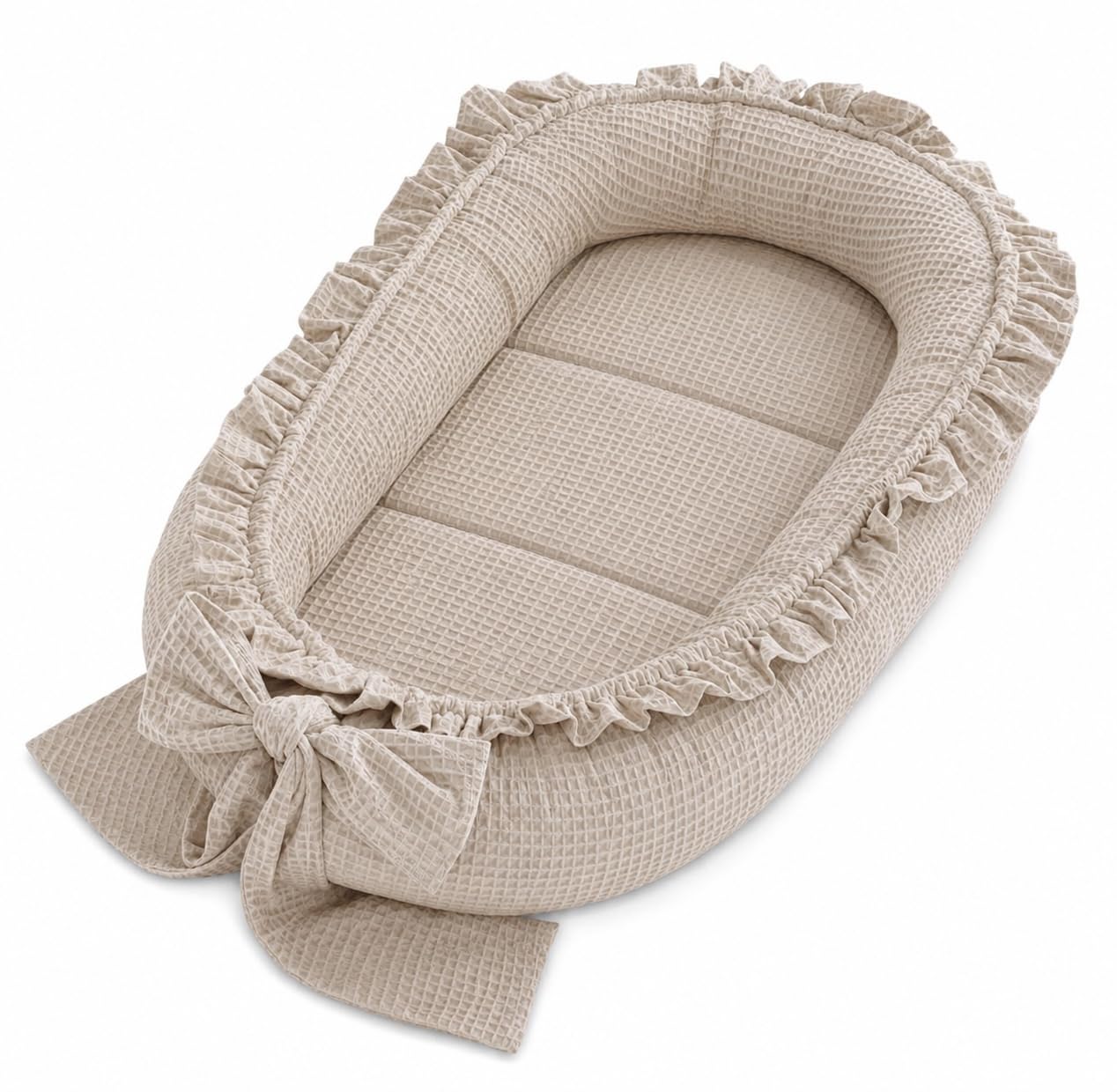Babynestchen Neugeborene mit Rüschen – Babynest aus Waffelpique Baumwolle – Nestchen Baby für Babybett & Kinderbett – Babykokon Tragbar – OEKO-TEX zertifiziert - Sand