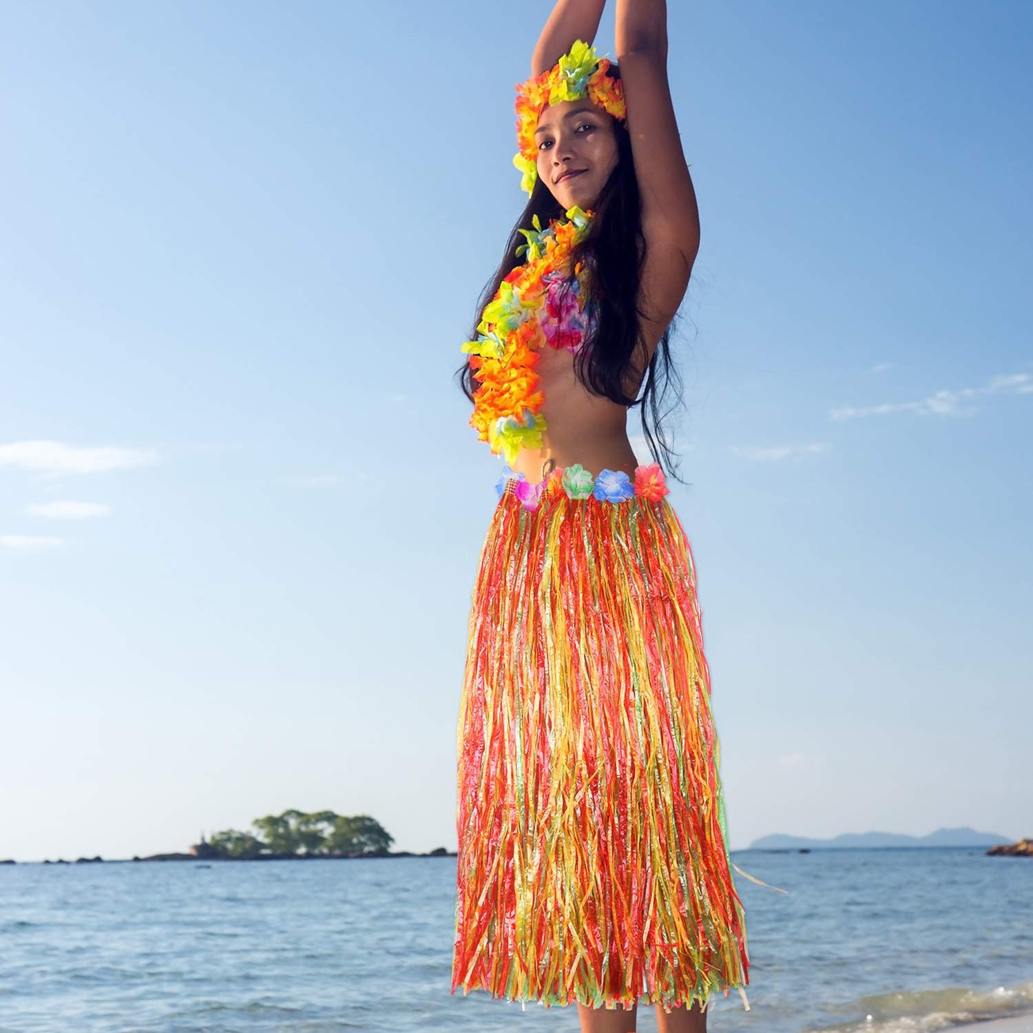 Elcoho 8 Pieces Grass Skirt Sunglasses Leis Necklace Bracelet Set Luau Decorations for Kids and Adults - Image 6