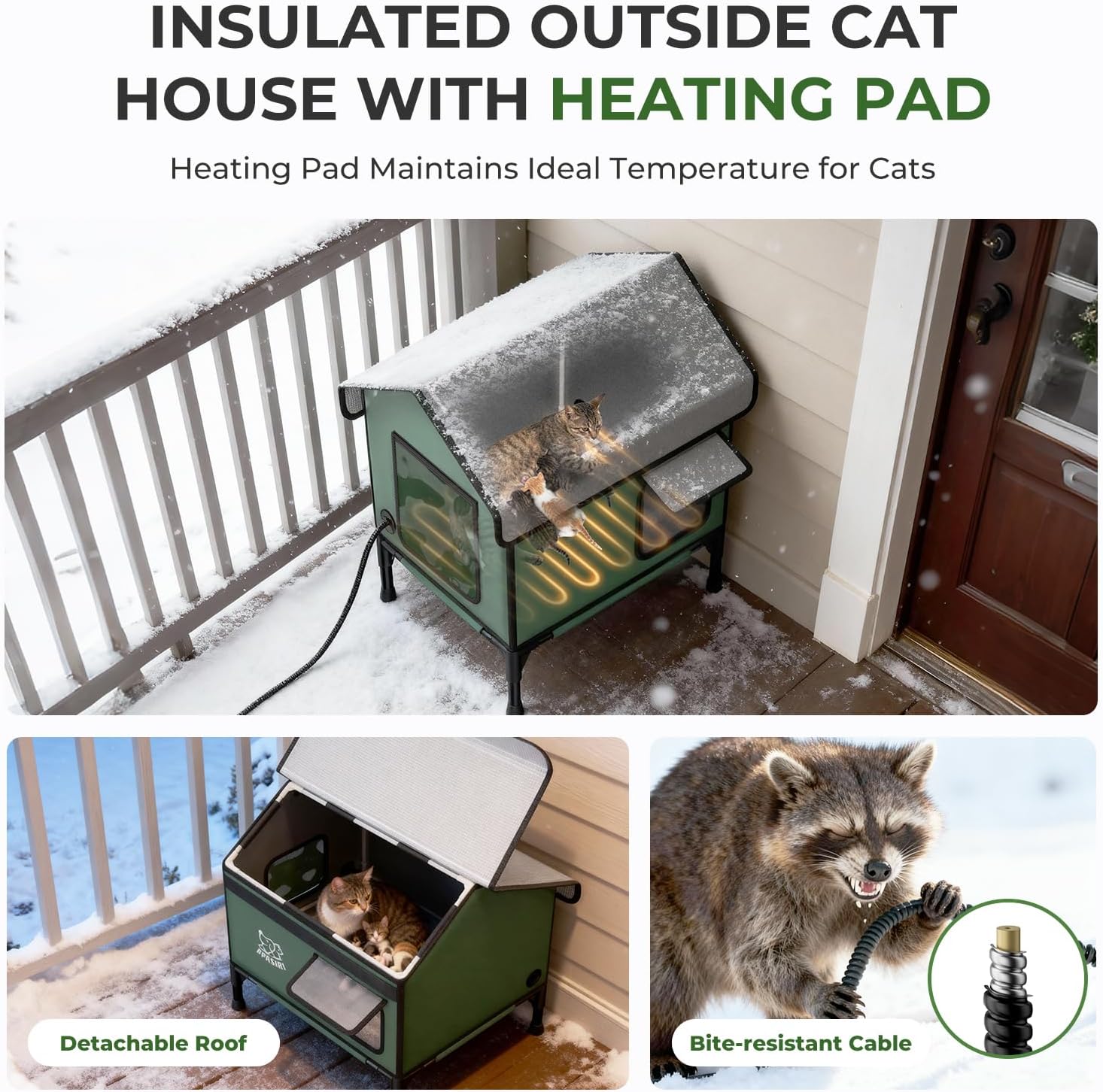 Apasiri Outdoor Cat House Weatherproof – Insulated Feral Cat Shelter with Heating Pad, Water Resistant 900D Oxford, Anti-Peep Curtains & Escape Door, Elevated Design for All Seasons, Small