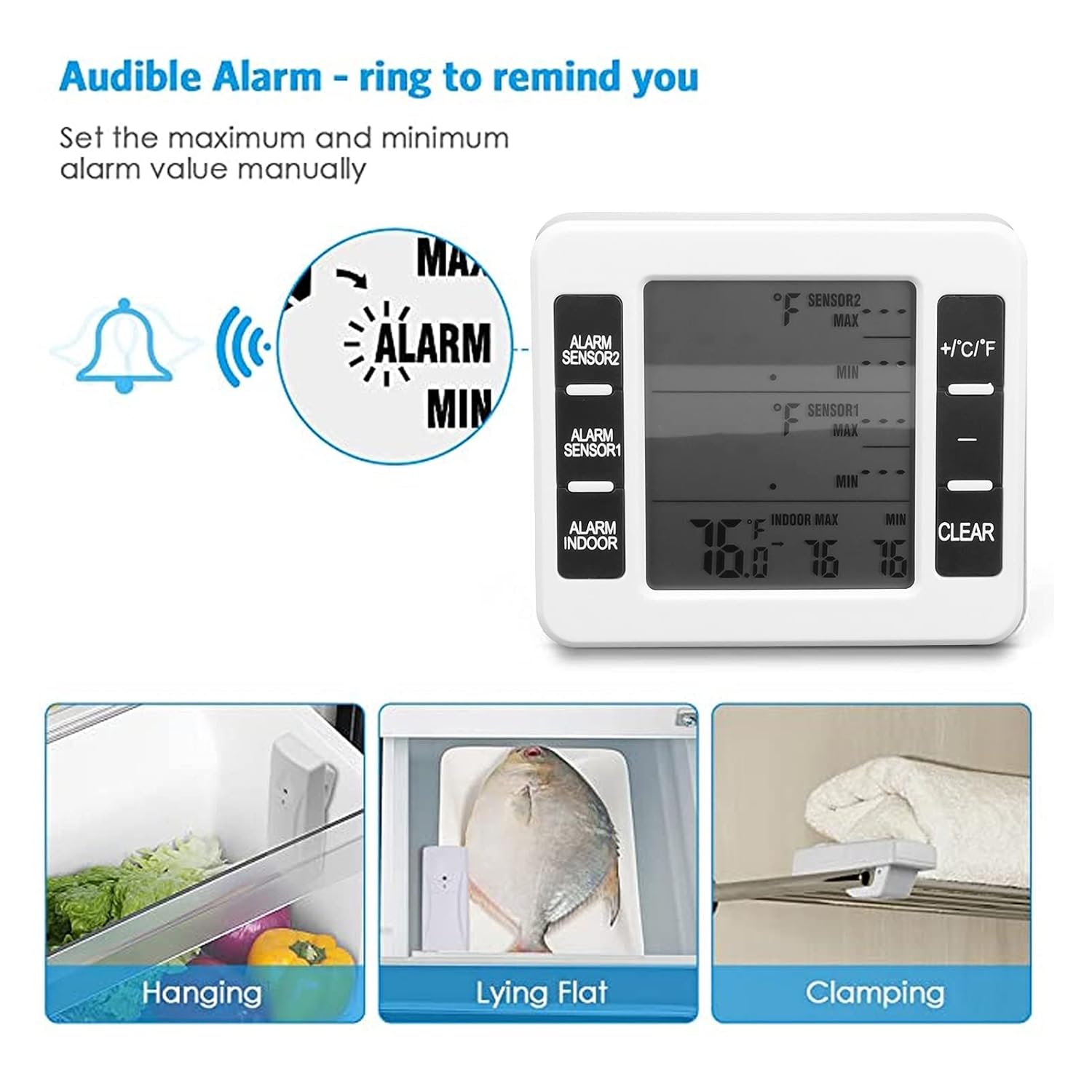 Refrigerator Thermometer Wireless Sensor Indoor Outdoor Temperature Monitor LCD Display with Audible Alarm for Home Kitchen