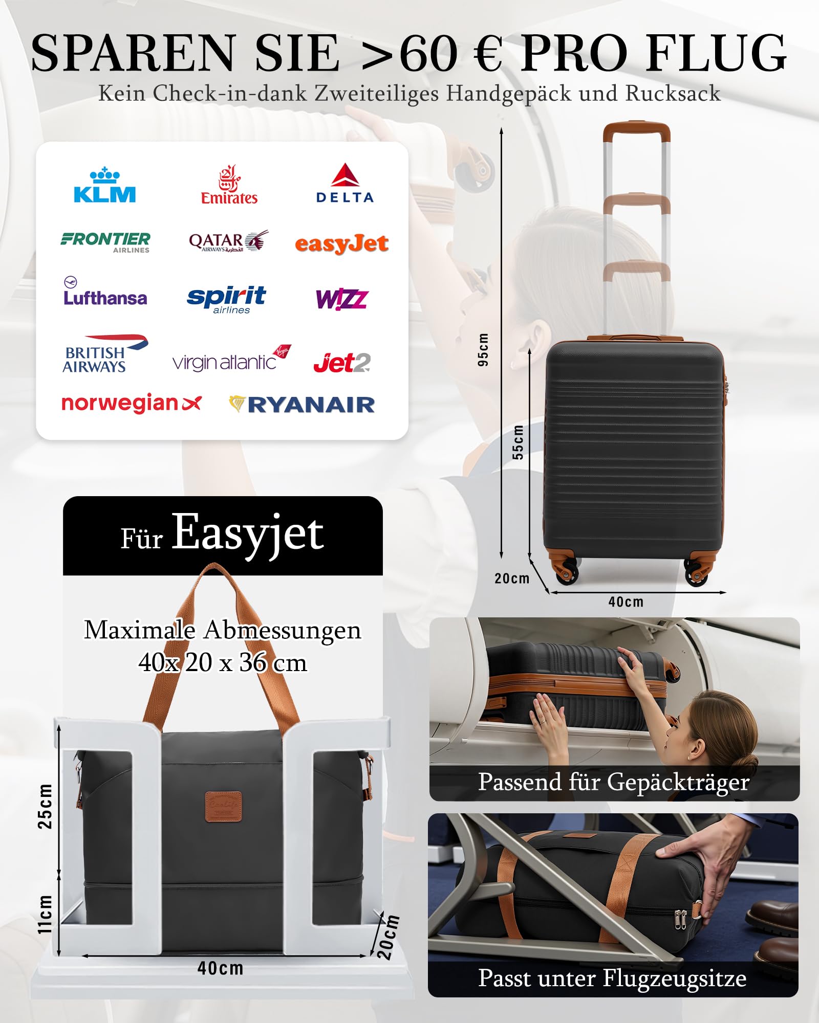 COOLIFE Bagaż podręczny do linii lotniczych Ryanair, lekki bagaż kabinowy, 55 x 35 x 20 cm, z zamkiem TSA, 4 kółkami obrotowymi, Czarny/brązowy, 55X40X20cm -Set 2tlg, Suitcase walizka na kółkach do