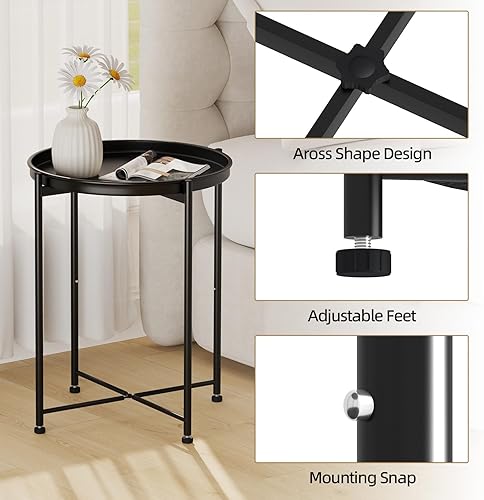 Miniatura 6 de Garden 4 you Mesa auxiliar pequeña, mesa auxiliar redonda, mesa de bandeja con marco de metal, mesita de noche moderna para sala de estar,