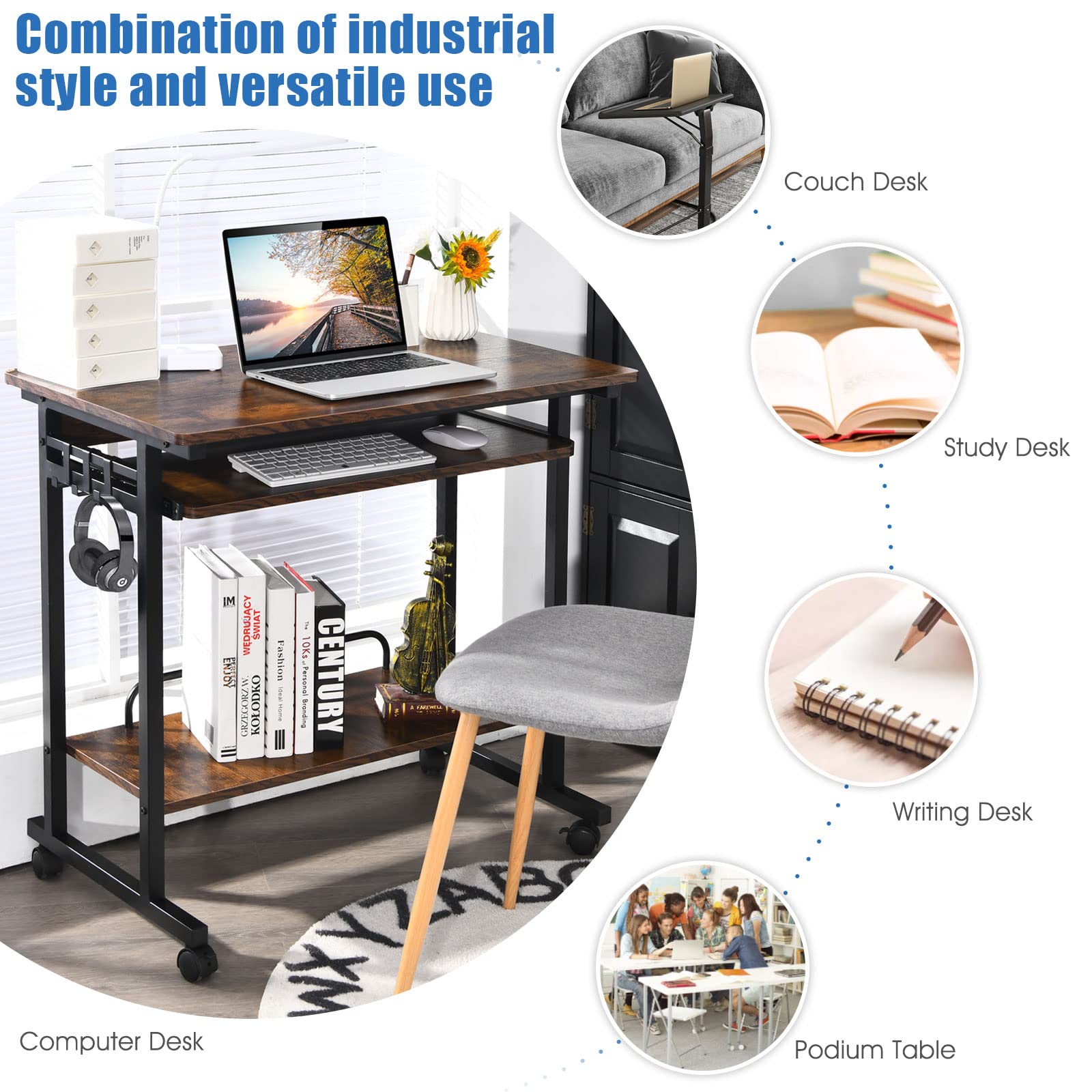 GIANTEX Mobiler Computertisch mit Rollen, Schreibtisch mit breiter Arbeitsfläche, Tastaturauszug, CPU-Ständer & Haken, industrieller PC-Tisch, für Zuhause & Arbeitszimmer, 80 x 50 x 75 cm (Braun)