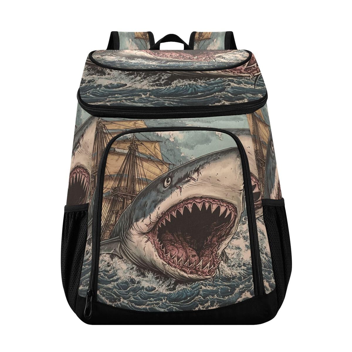Shark Attack Beige Cooler Backpack Leakproof Insulated Lunch Cooler Bag 30 Cans Camping Backpacks for Women Men