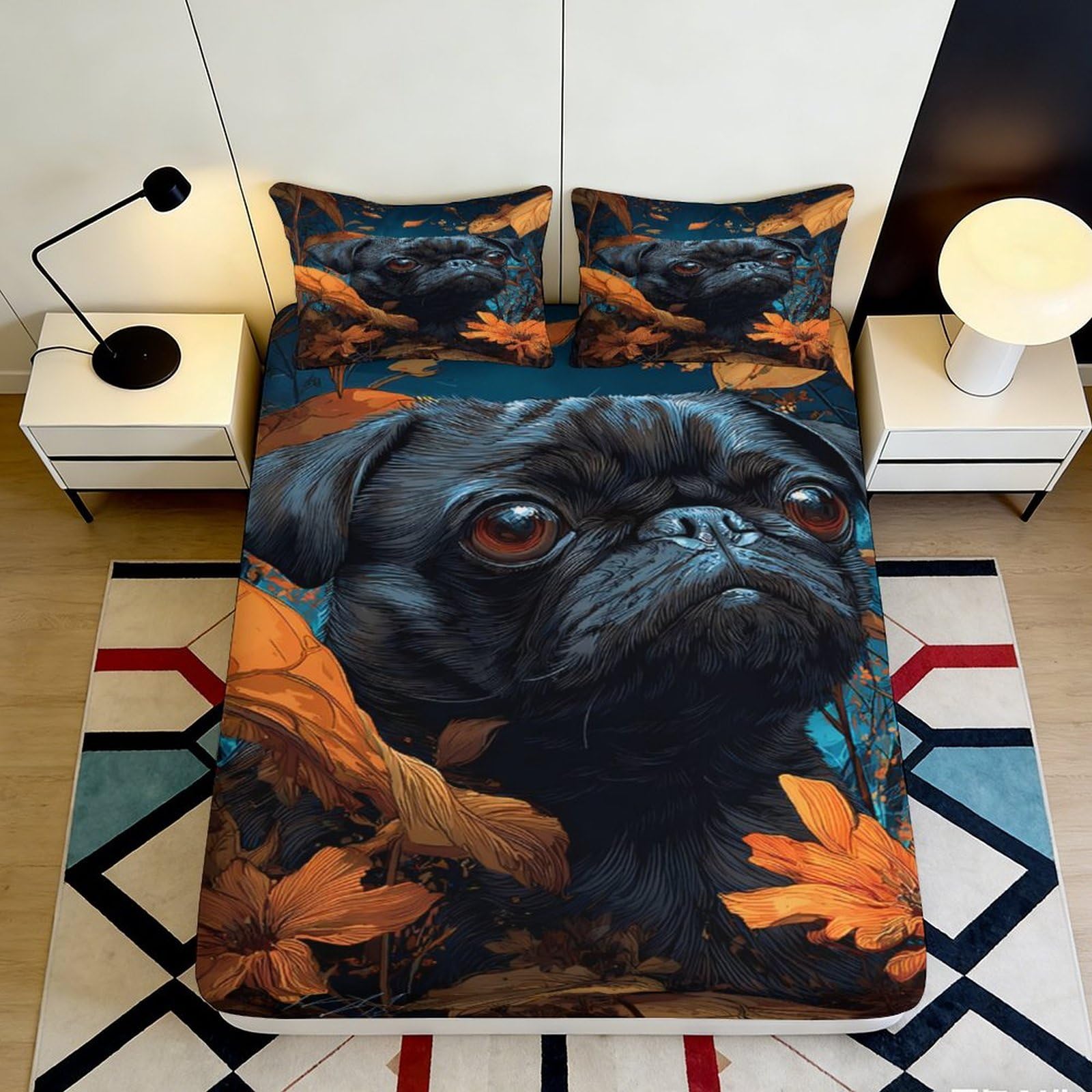 3D Printed Black Pug Dog Fitted Sheet Microfiber Soft Breathable Autumn Leaves Bed Cover for Bedroom Dormitory Guest Room Mattress Protection Decor 140x200x25cm