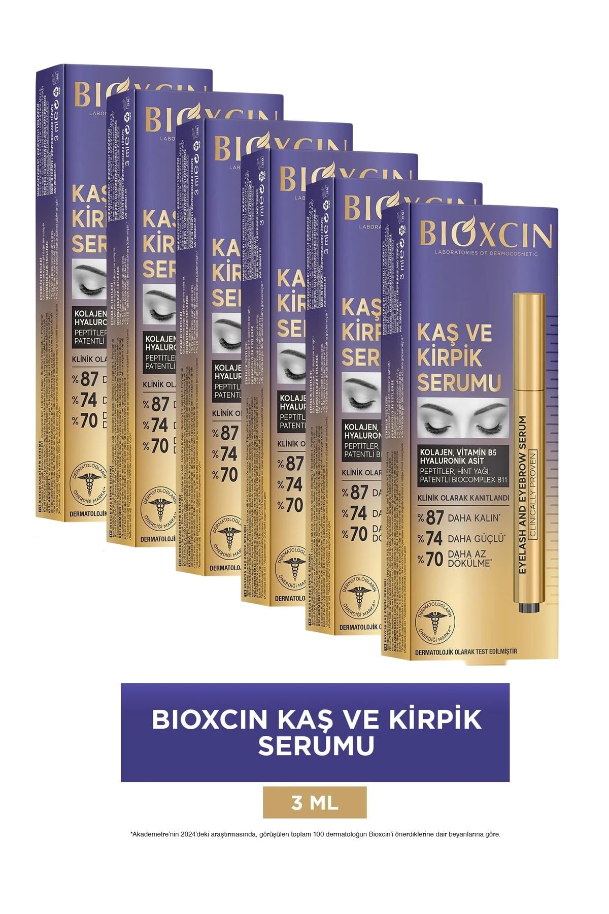 Bioxcin Kaş ve Kirpik Serumu, Kolajen, Hyaluronik Asit, Hint Yağı, Keratin Peptidleri, 6 Adet