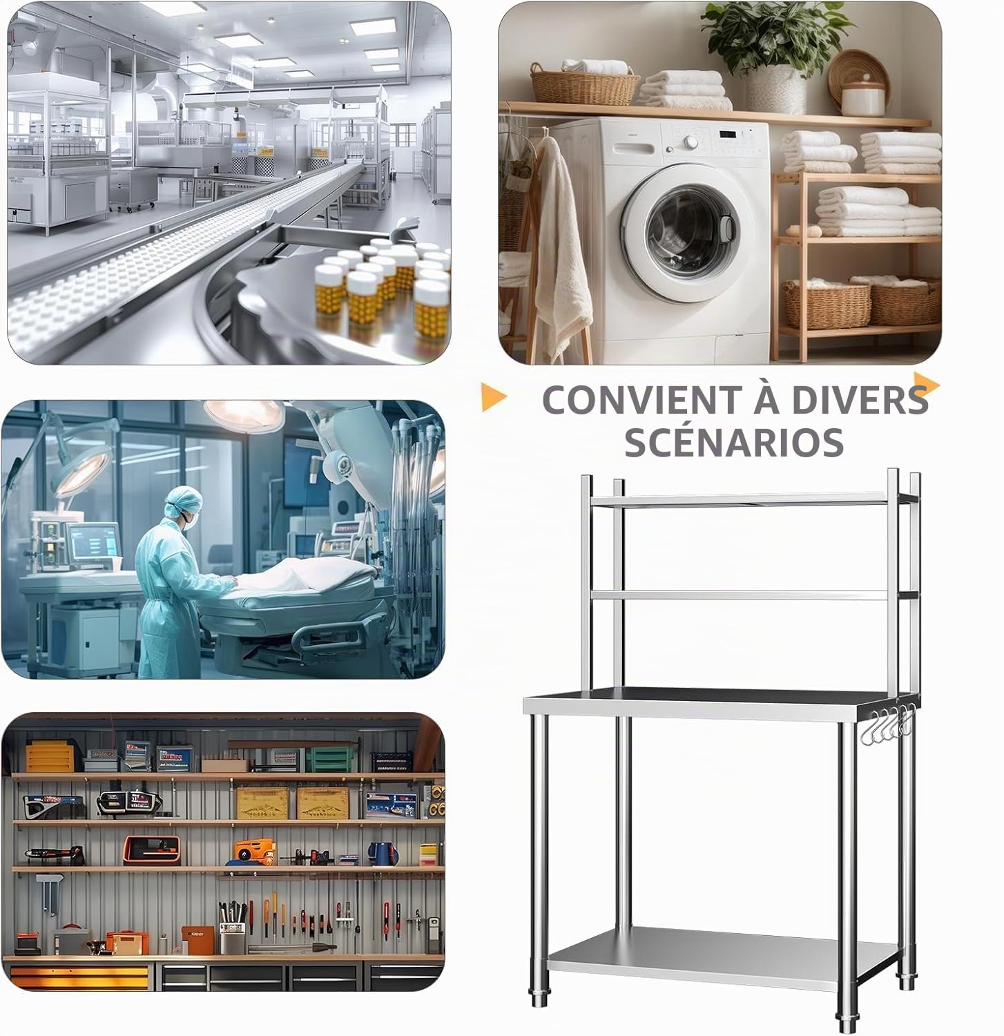 YODOLLA Table INOX Professionnel|Table Cuisine avec Rangement|Ch.450KG | 120x60x145cm Table de Travail Inox avec Étagère sur 2 Niveaux| Meuble de Gastronomie Cuisine Rangement Garage Cave