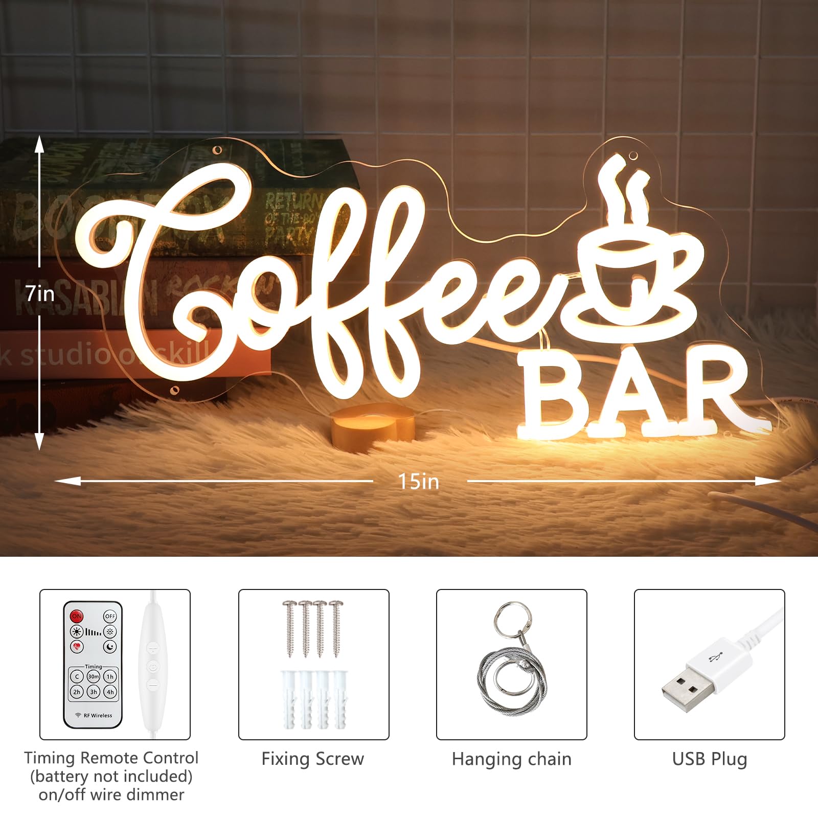 Coffee Bar Neon Sign, Dimmable Warm White Cofee LED Sign for Wall