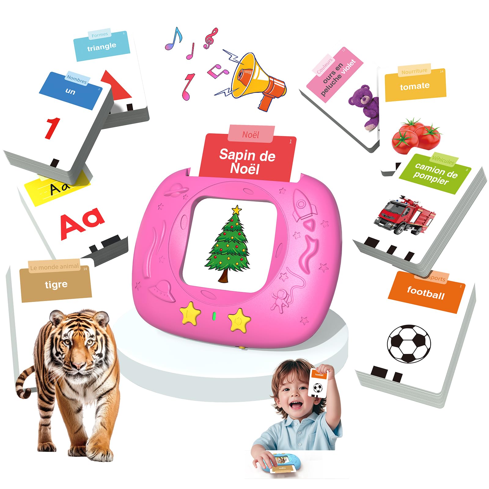 HOMESTEC Toddlers Talking Flash Cards in French, 288 French visual words with Pronunciations and Sounds, French Learning Toys for Preschool Girls Gifts (Pink)