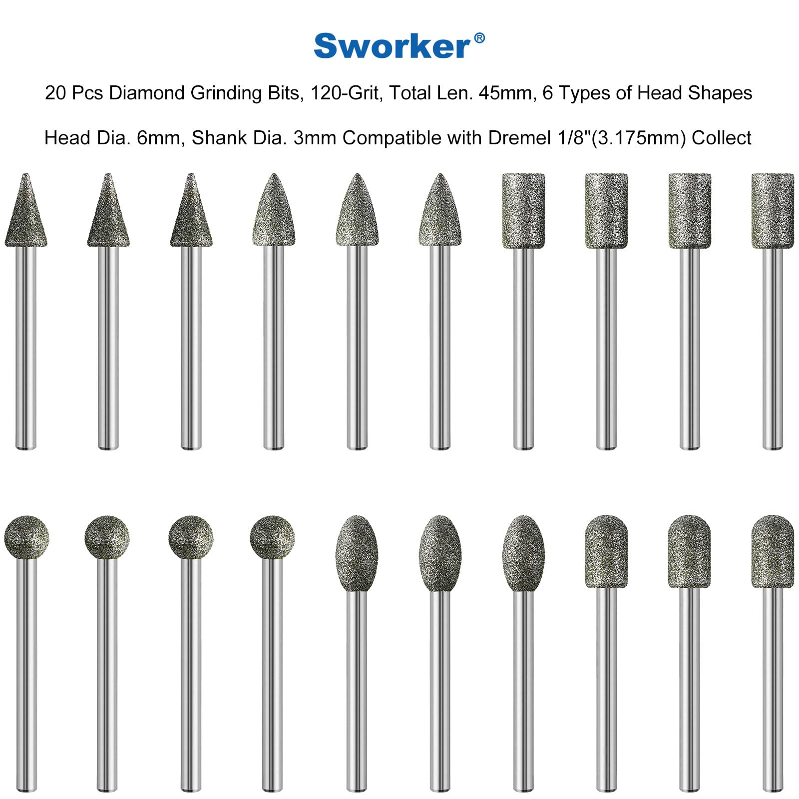 20Pcs 120-Grit Diamond Grinder Bit 1/8" Shank Compatible with Dremel Rotary Tool Attachment Accessories Grinding Burrs for Stone Glass Resin Porcelain Ceramic Quartz Glaze Steel Carve Engrave Polish — Amazon image 2
