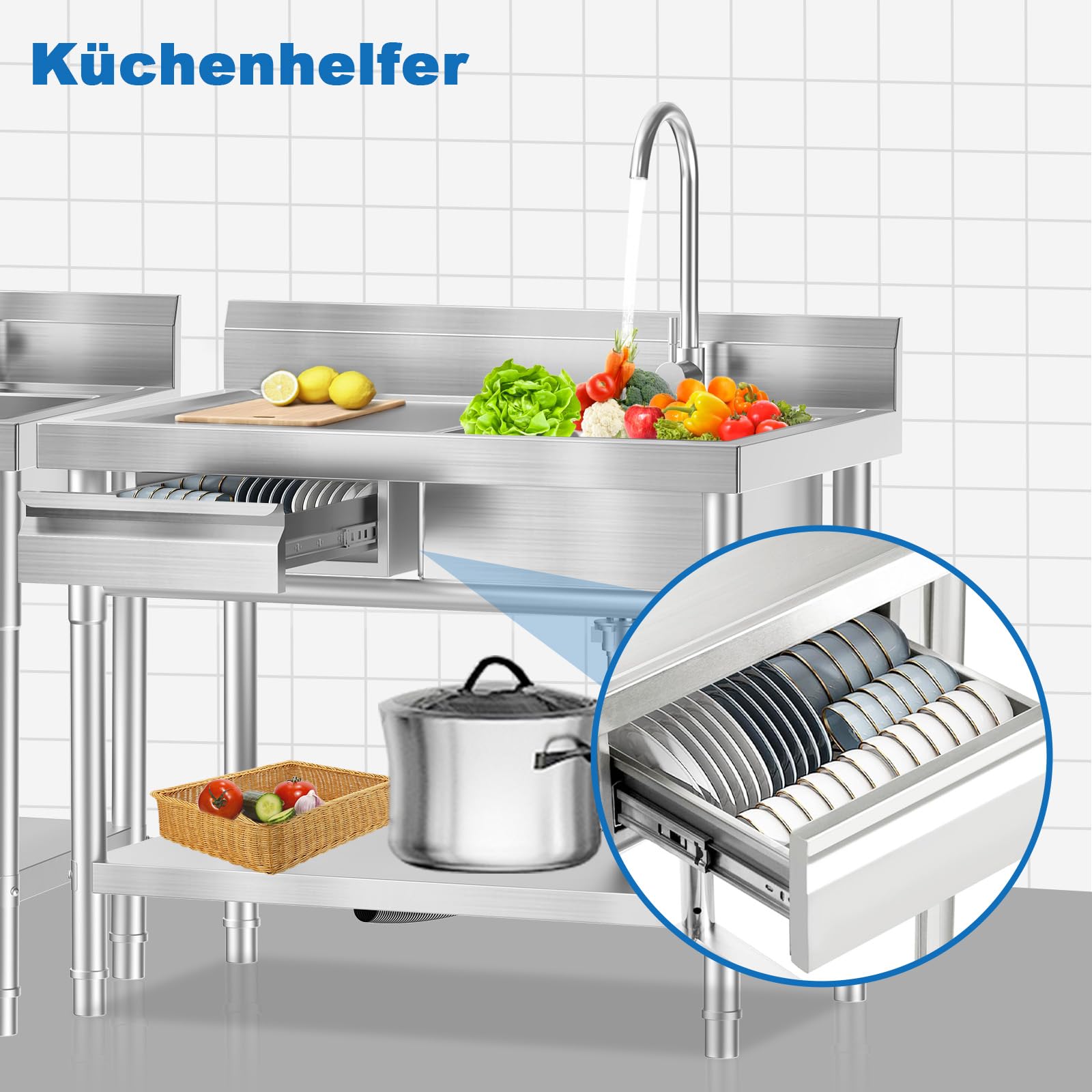 Spültisch edelstahl freistehend mit Schublade – Profi Spülbecken mit Arbeitsfläche, 360° Wasserhahn, Ablage & Unterschrank, Gastro Spüle für Küche, Gastronomie, Garten & Waschküche