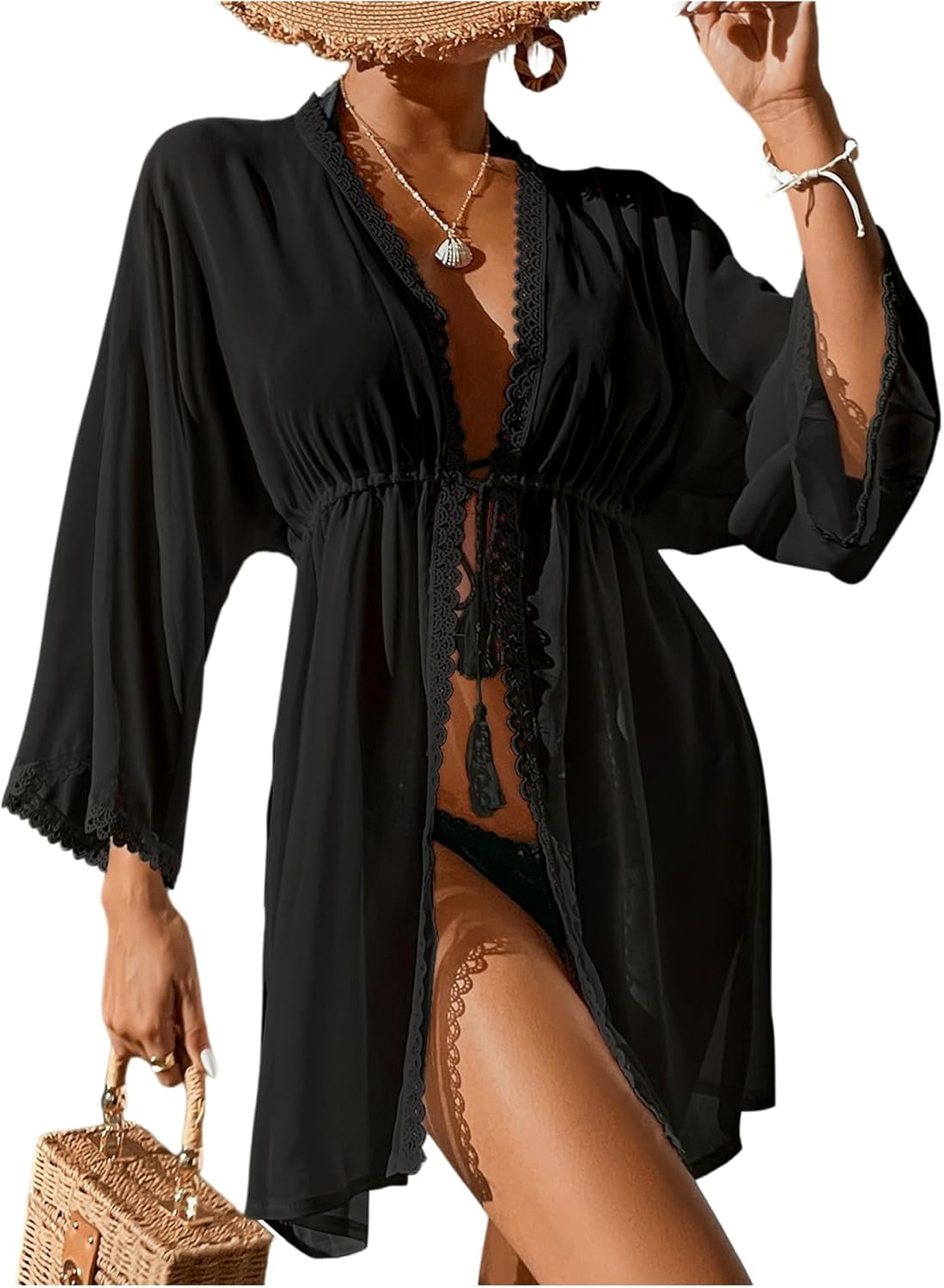 SHENHE Women's Beach Kimono Swimsuit Cover Up Tassel Tie Front Lace Trim Flowy Beach Coverups