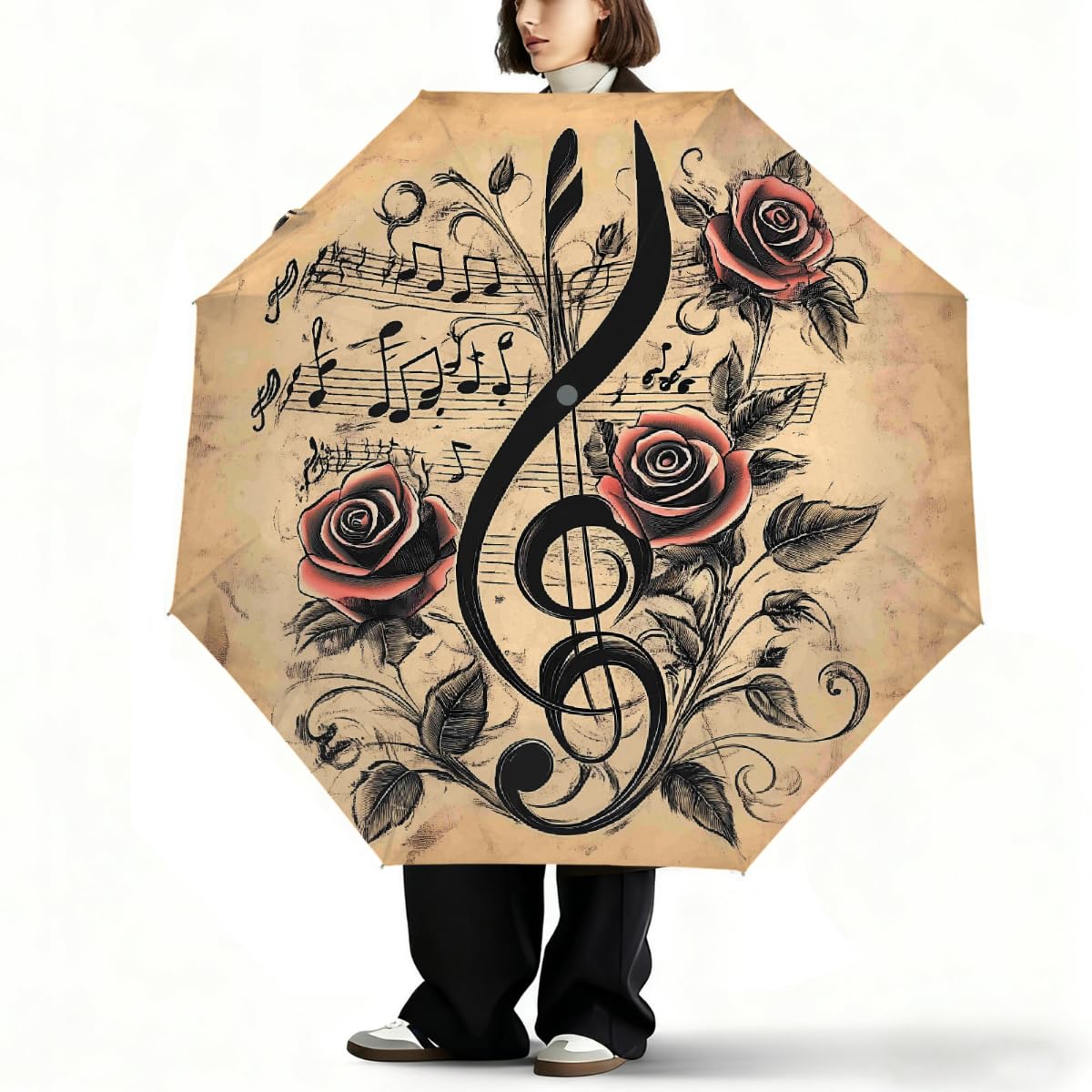 Ombrello pieghevole vintage con note musicali rosa ombrello da viaggio compatto antivento impermeabile con protezione UV rivestimento nero leggero 8 stecche portatile per pioggia sole