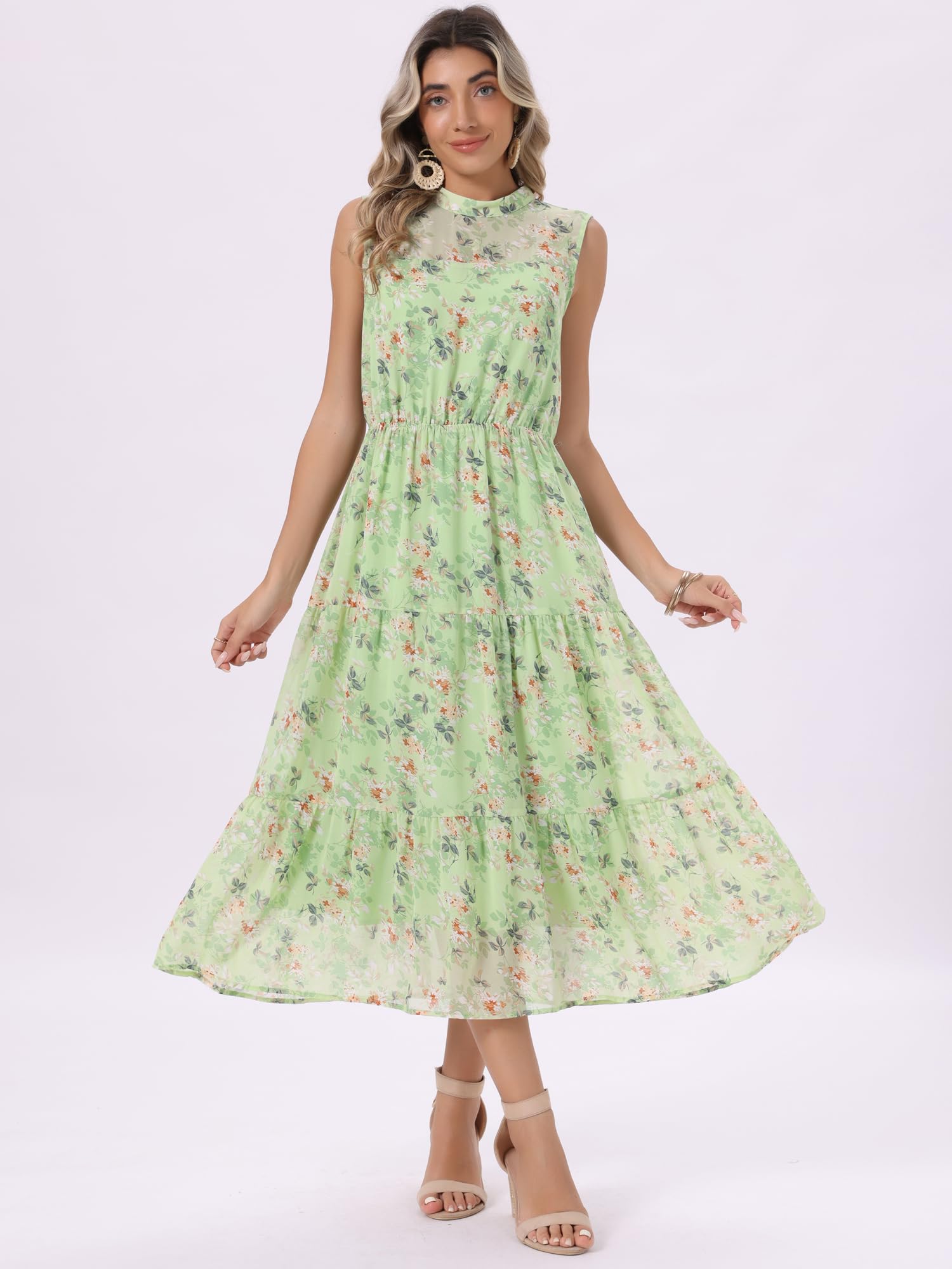 Seta T Abito estivo da donna in chiffon floreale, senza maniche, con collo alto, abito midi per feste di nozze