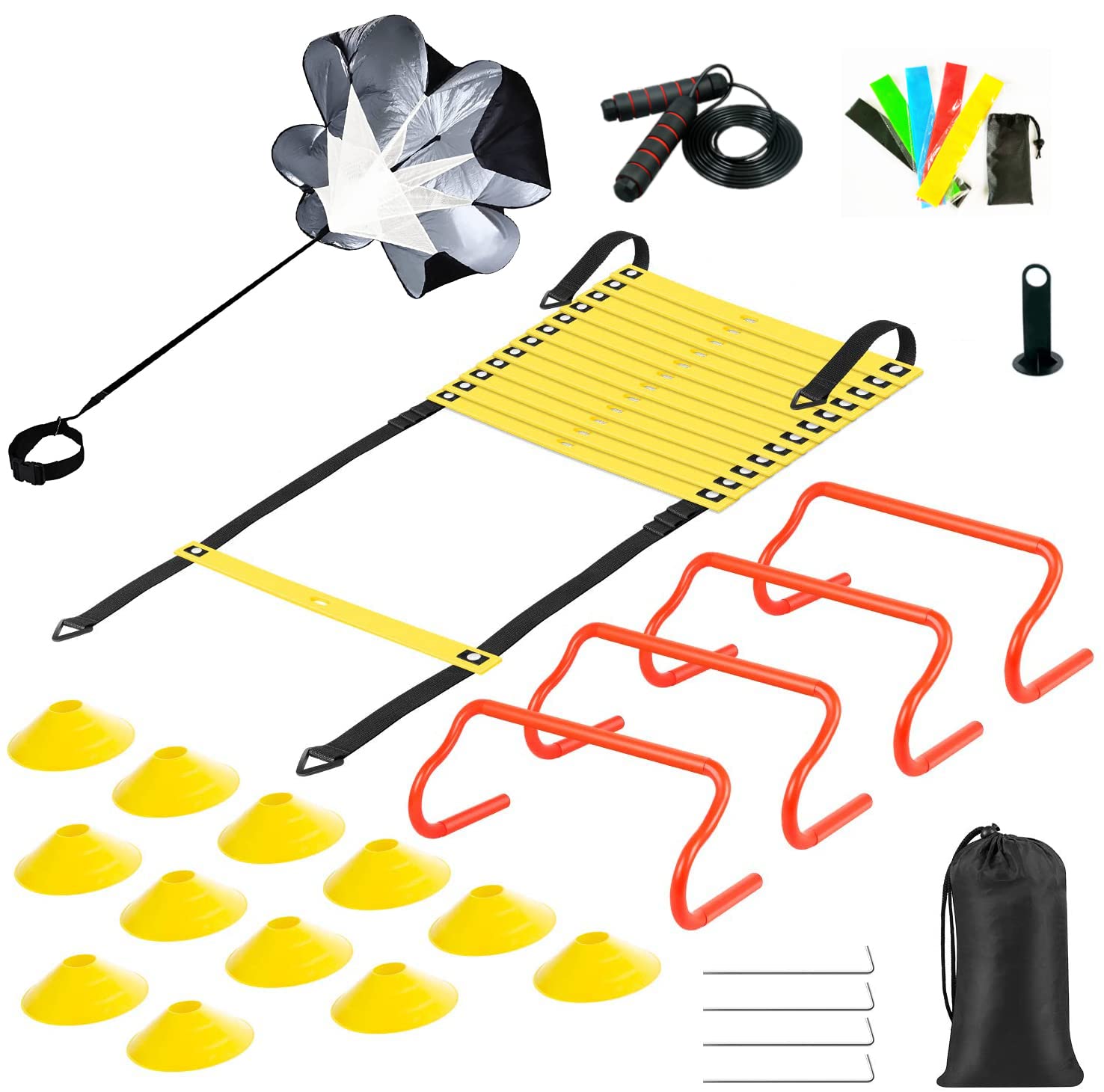 BDL Agility Ladder Speed Training Set - Includes Agility Ladder, 12 Disc Cones with Stand, 4 Hurdles, Running Parachute, Jump Rope and 5 Resistance Bands for Training Football, Soccer, Basketball
