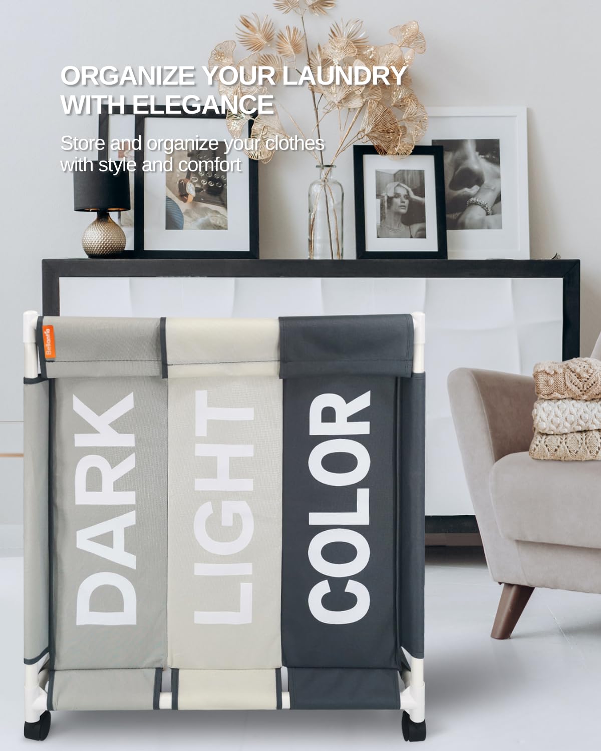 Laundry Basket Hamper with Lid 120L Set of Washing Bags Portable Sorter Collapsible Cart with Wheels and Compartments Section Storage Organizer Clean Dark Light Clothes Toys for Room (3 Compartments)