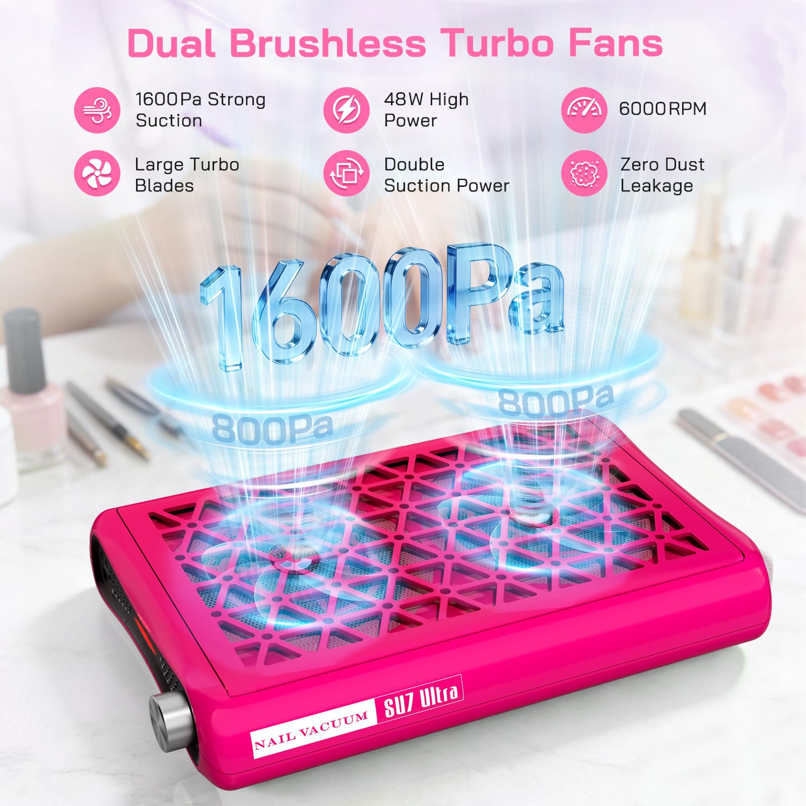 Aspiratore per unghie cablato, doppio ventilatore turbo con potenza di aspirazione 1600 Pa, 30 fogli filtranti, 6000 giri/min, potenza di aspirazione regolabile per manicure, salone di unghie (Rosso)
