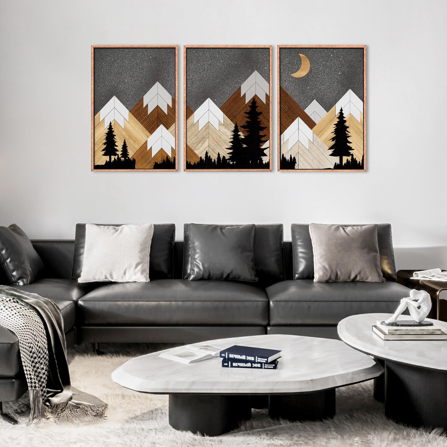 Condition photo showing New/Like New for chditb mountain framed canvas wall art set, country wood style wall decor, rustic farmhouse wall painting, forest nature art print for living room, bedroom, dinning room, office - large size 16"x24"x3