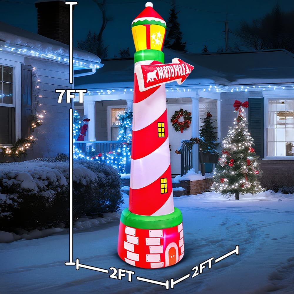 KOOY 7FT Inflatable Christmas Decorations, Christmas Blow Ups Yard Decorations with LED Light Up,Inflatable Lighthouse, Inflatable Outdoor Decoration for Xmas Yard Decor