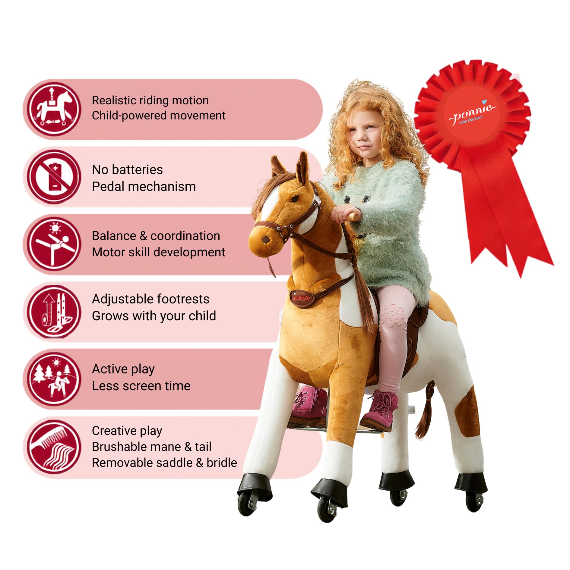 PONNIE Reitpferd mit Rollen Misty M (5-12 Jahre), Spielpferd zum Reiten mit Abnehmbarer Braun Sattel und Halfter mit Zaumzeug, Kämmbare Mähne und Schwanz, Plüschpferd zum Reiten für Kinder