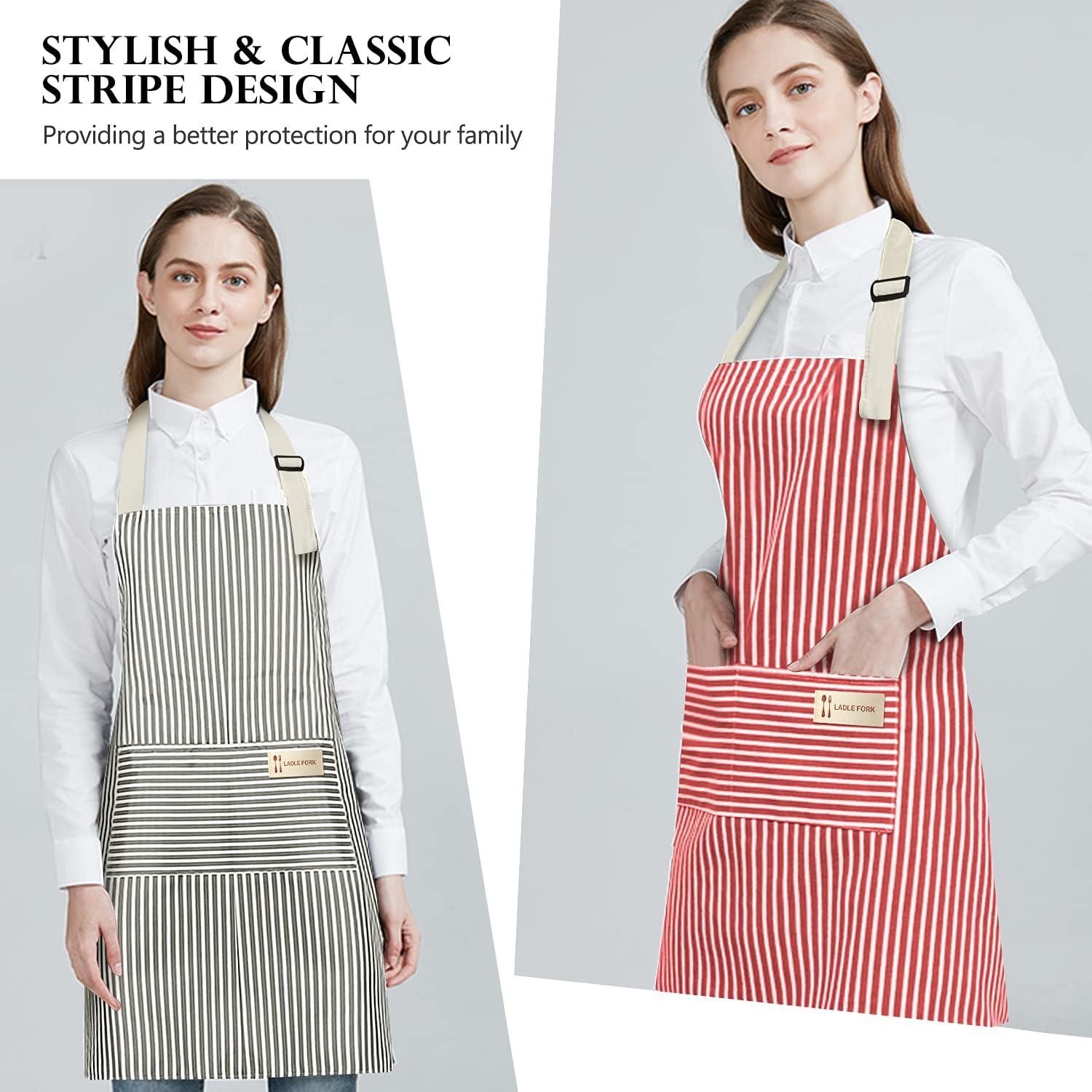 hatisan Cotton Linen Adjustable Bib Aprons with 2 Pockets Cooking Kitchen Aprons for Men Women (Stripe)
