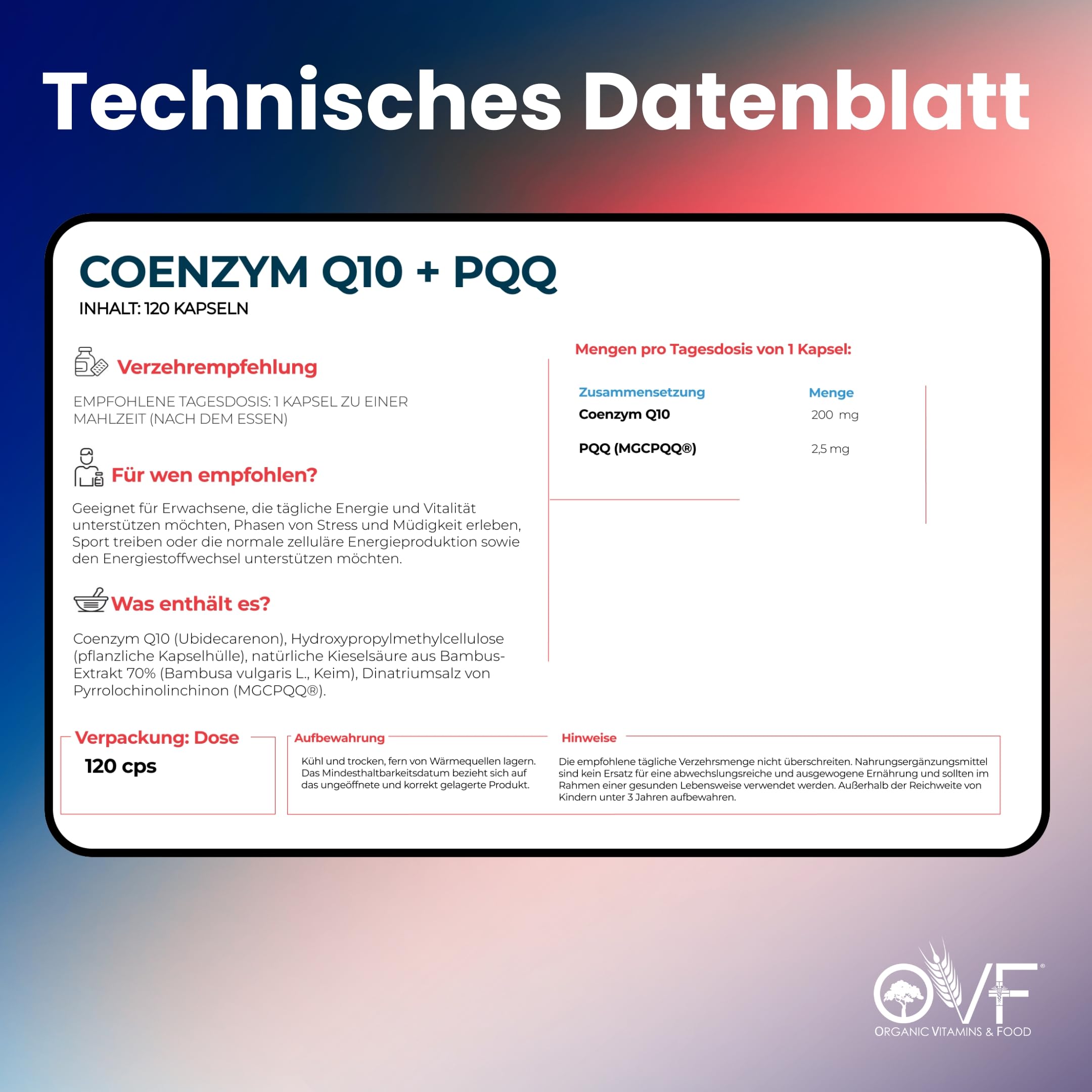 OVF Coenzym Q10 + Pqq 120 Kapseln 200mg Coenzym Q10 Kapseln Hochdosiert Coq10 Nahrungsergänzungsmittel Energía y Bienestar Reduce el Cansancio Antioxidantien Hochdosiert Vegan Made In Italy