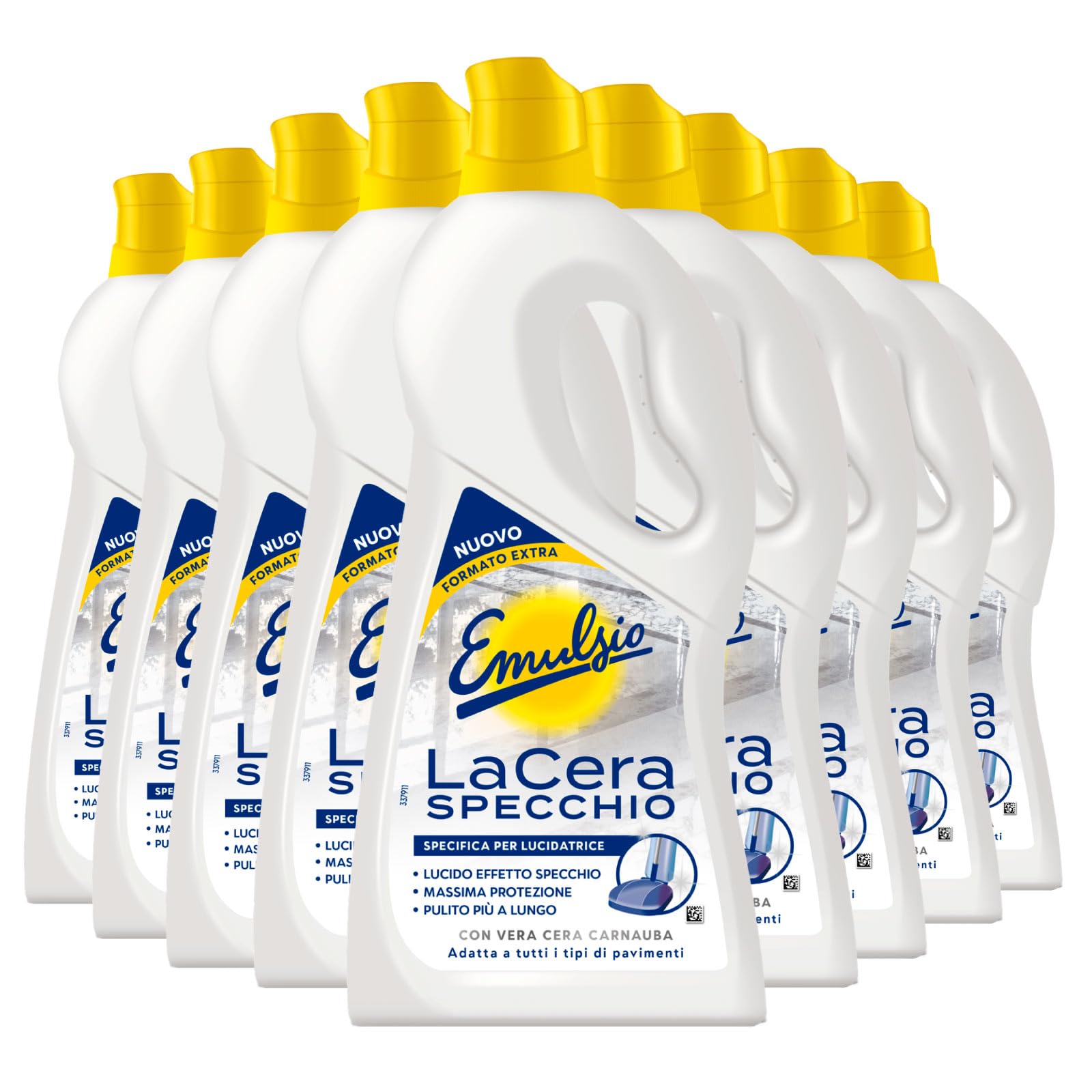 9 emulsios La cera espejo tradicional para todos los suelos, específica para pulidora, fórmula con cera de carnauba natural, acción protectora e impermeabilizante, 9 botellas de 725 ml