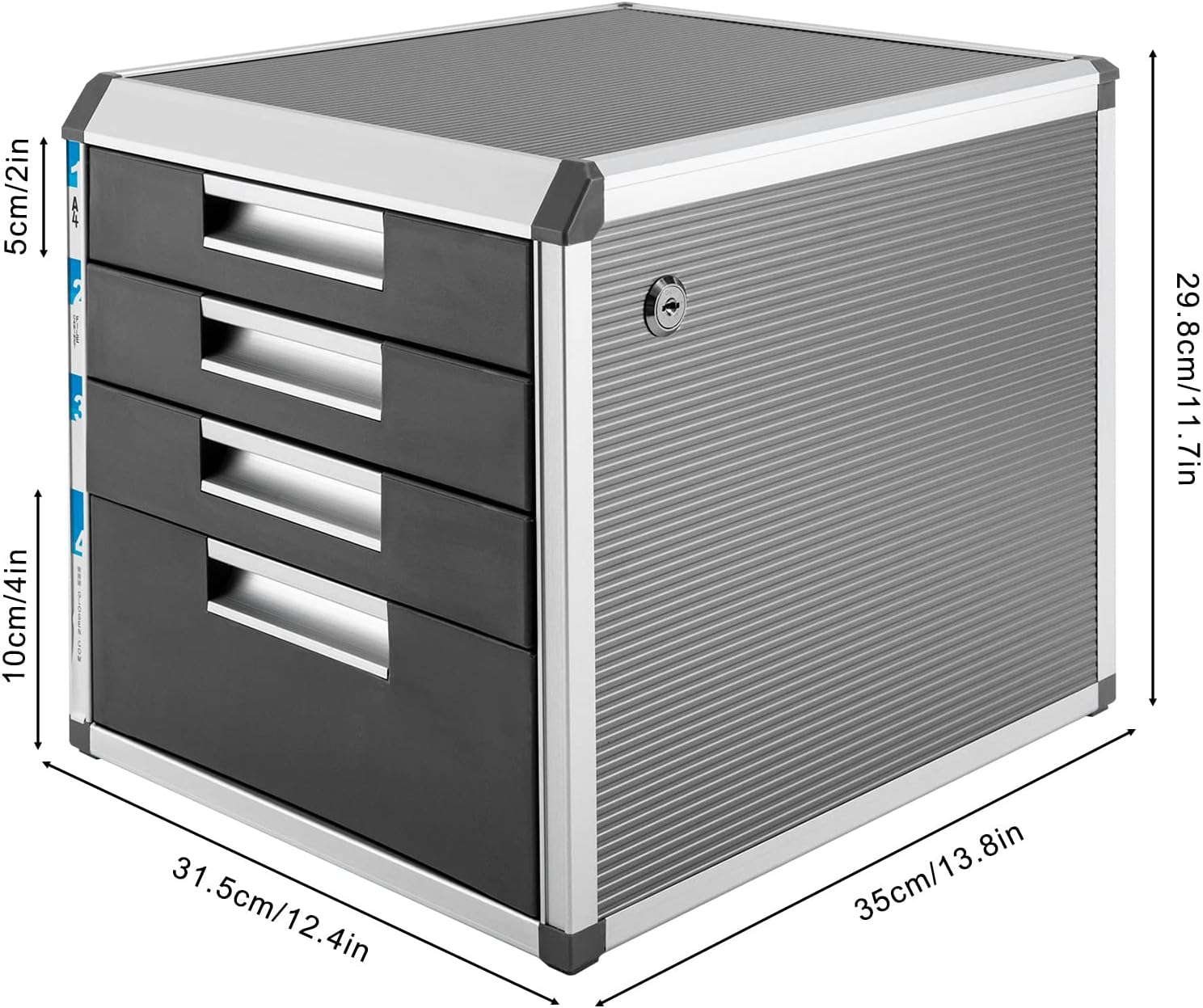 4 Tier Desktop Drawer Organizer Aluminum Alloy File Organizer with Lock Office Papers Organizer with Label Slot for Offices Schools Banks (Silver)