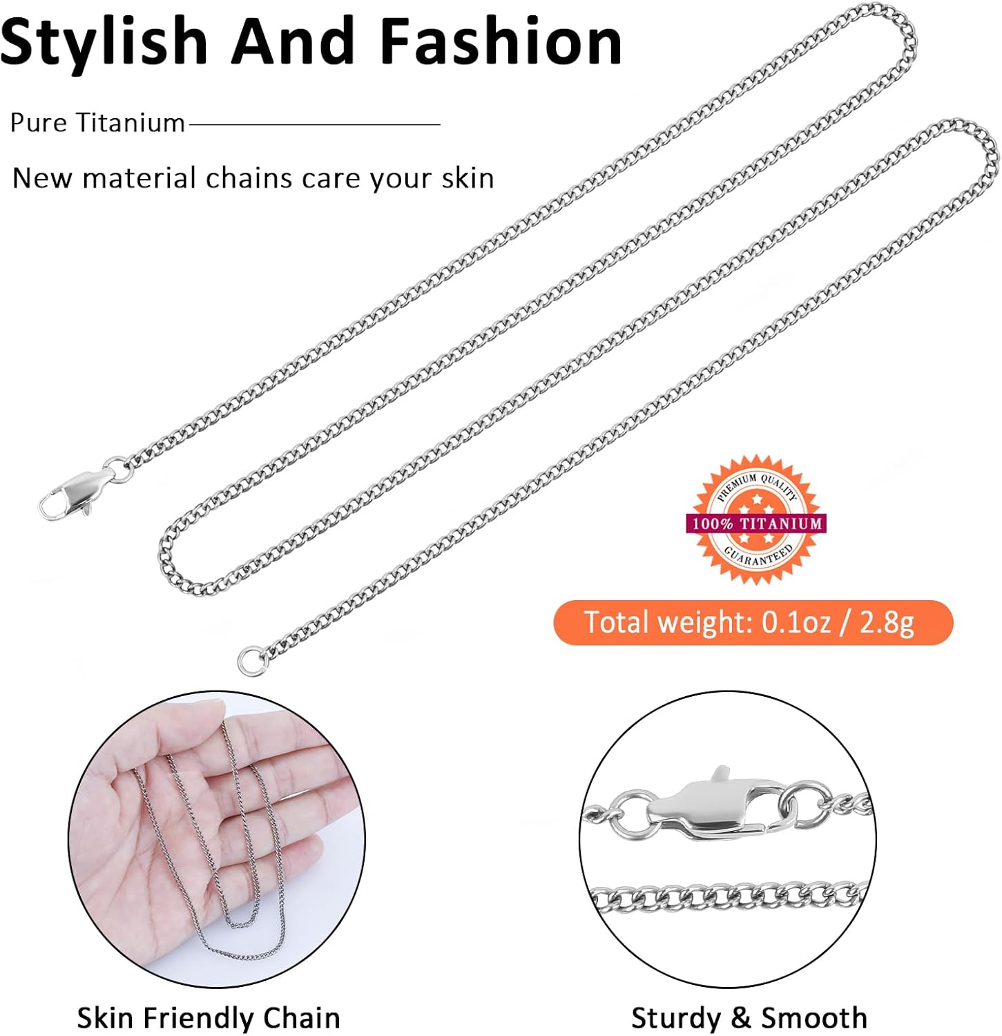 SanThree 2.2mm Pure Titanium Cuban Link Chain Necklace for Men Women Sensitive Skin, Durable Welded Skin Friendly Oval Twist Chain for Valentines Day Birthday Gift, 21.65"/23.62" - Image 5