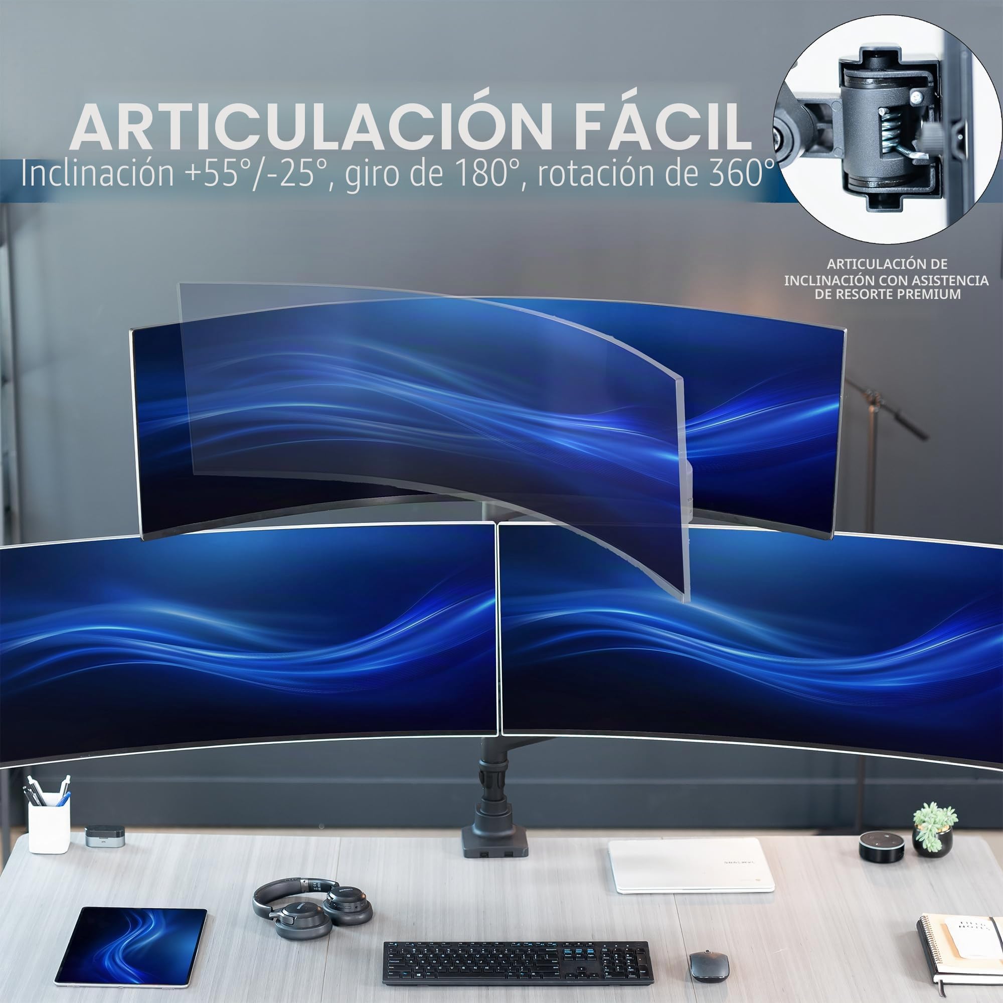 VIVO Soporte de escritorio extra alto con brazo neumático para triple monitor ultraancho para pantallas de hasta 124 cm, abrazadera resistente, soporta 3 monitores ultraanchos de hasta 20 kg, negro