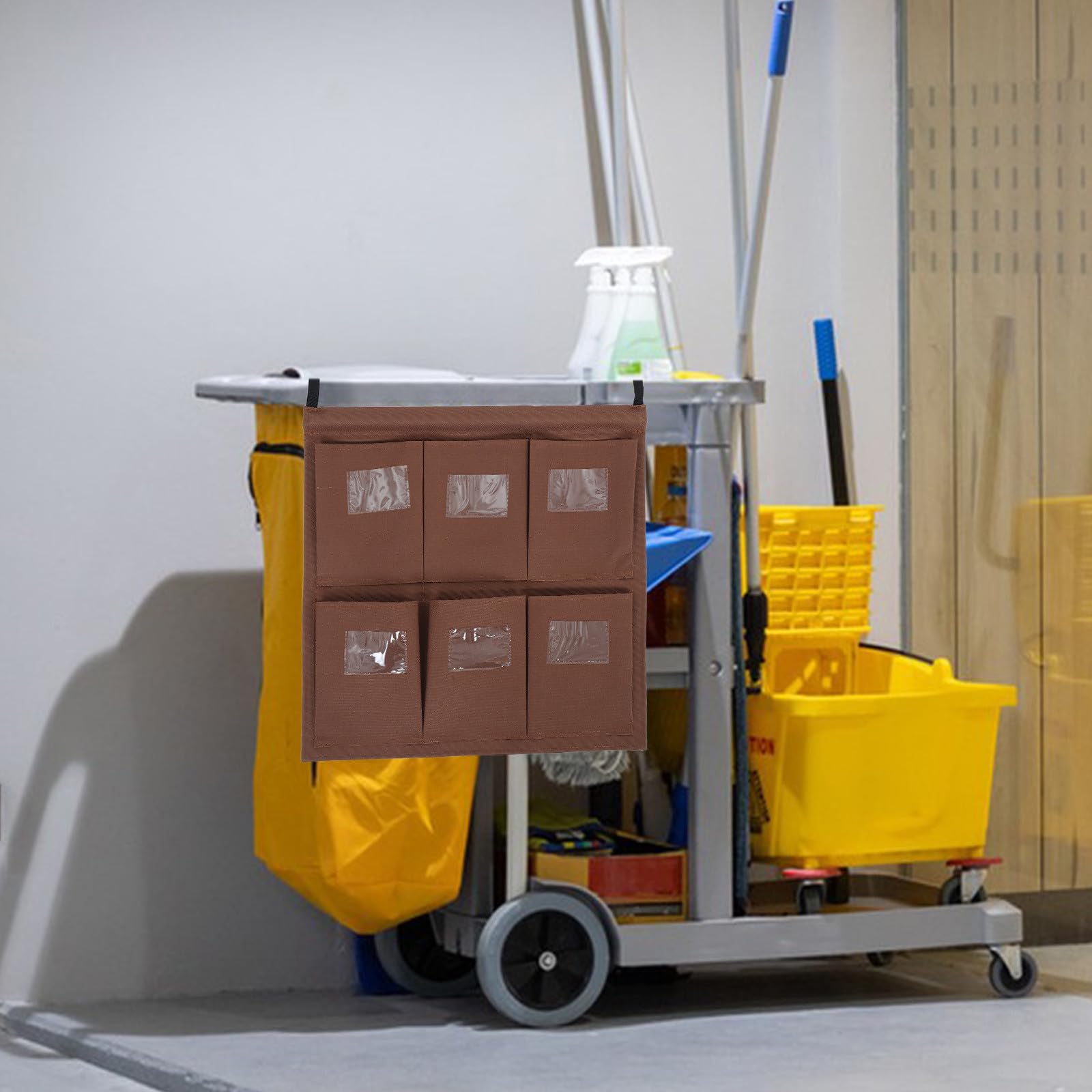 PRETYZOOM Paquet de Rangement pour Chariot de Ménage en Tissu Résistant, Poche Transparente pour Étiquette, Paquet Multifonction 6 Compartiments Café pour Organisation en Hôtel et Nettoyage