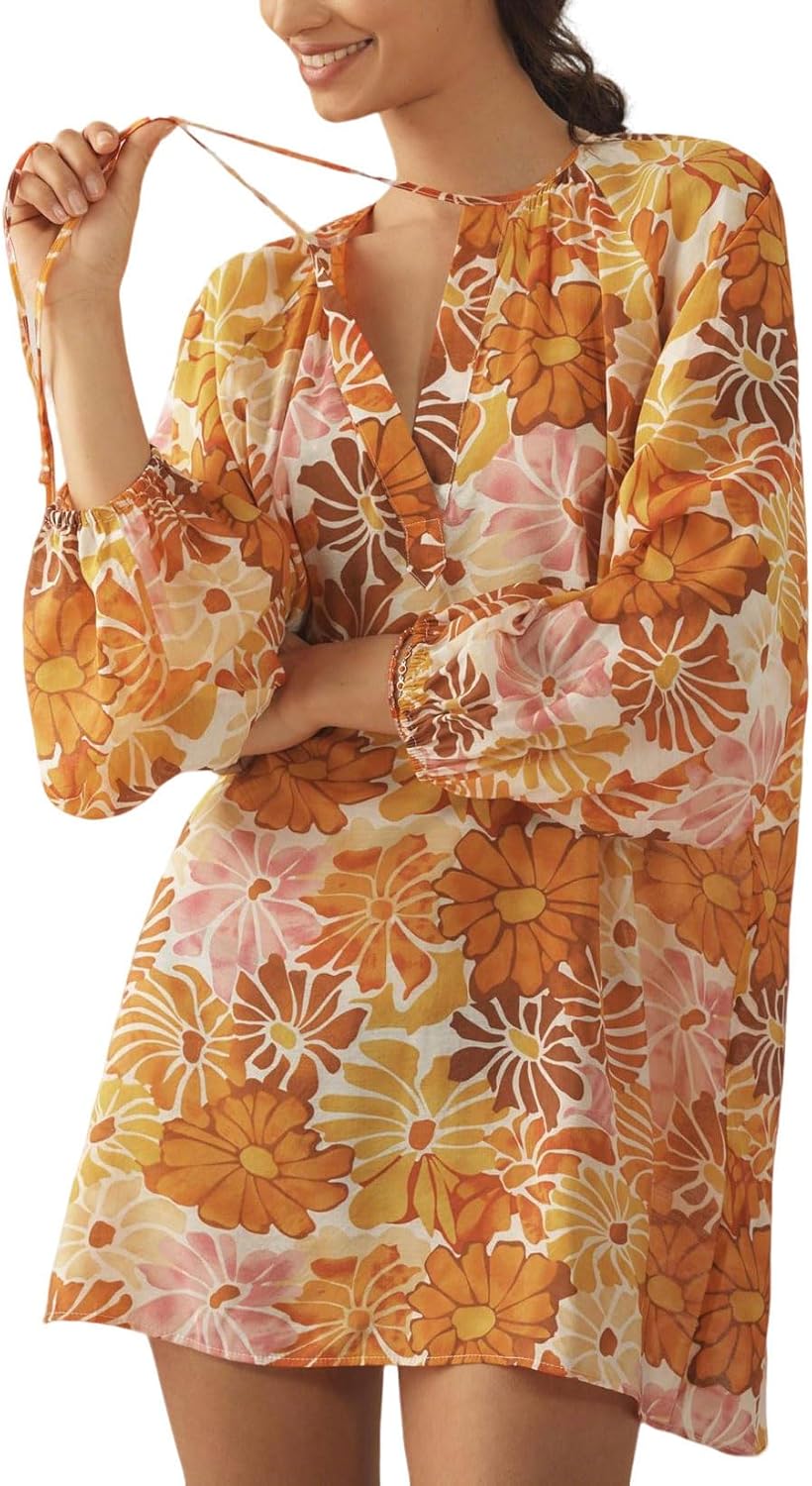 Boho Floral Tunic Dress for Women Long Sleeve Loose Fit Summer Vacation Cover Up Short Dress