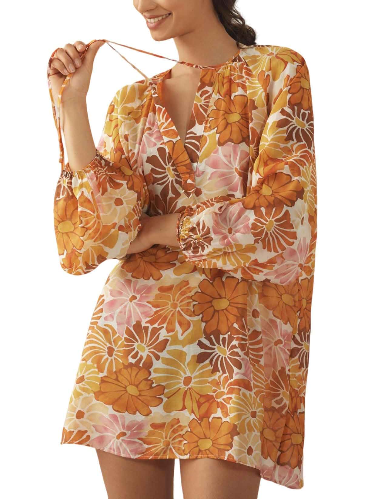 Boho Floral Tunic Dress for Women Long Sleeve Loose Fit Summer Vacation Cover Up Short Dress Long Sleeve
