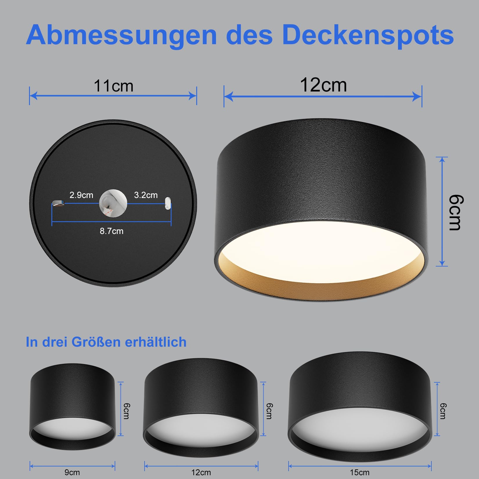 Klighten LED 18W Aufbauspot Runde Deckenspots Aufputz Deckenleuchte, Schwarz Aufbaustrahler, Deckenstrahler Flach Aluminium+Acryl, Aufbauleuchte Warmweiß 3000K, Aufputzleuchte IP44, 1029LM, 60x120mm