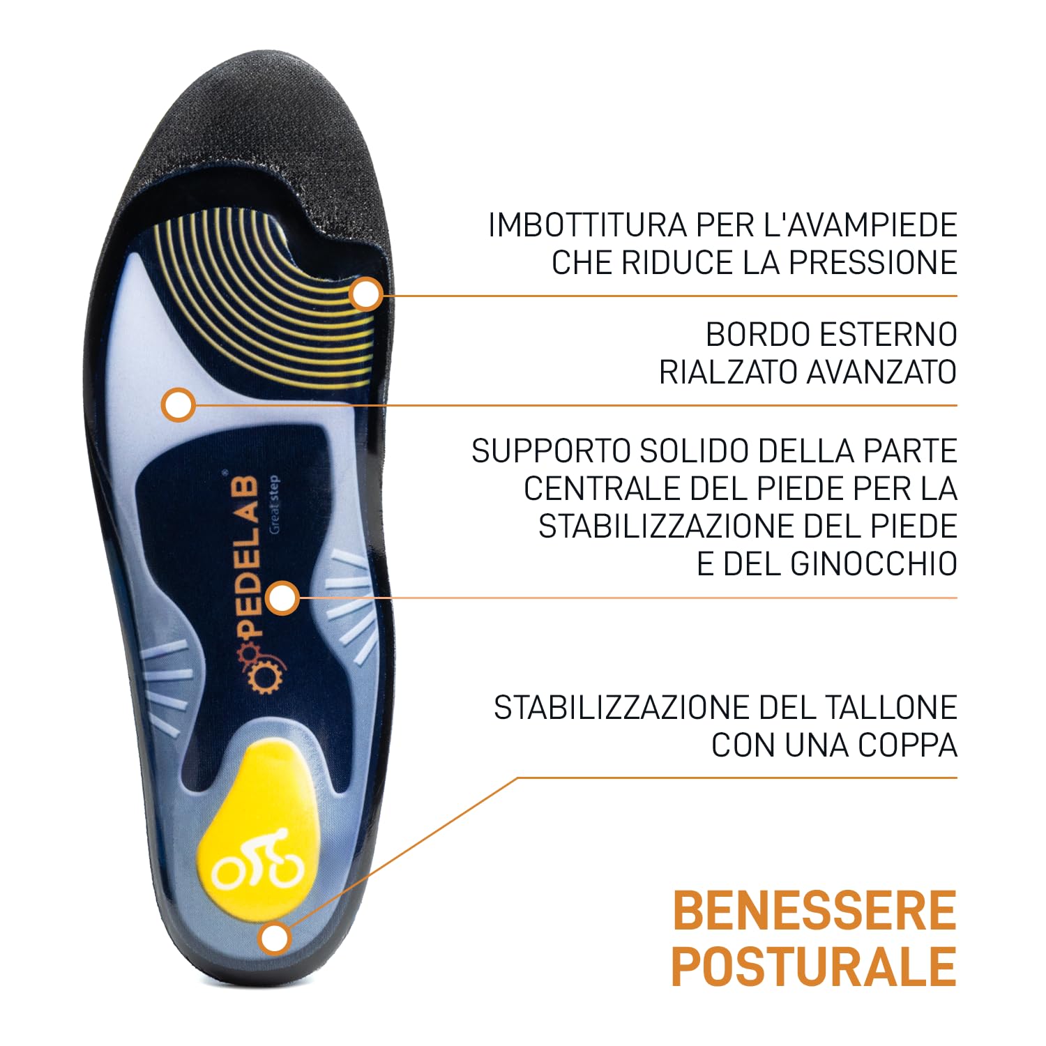 Pedelab Sport Bike | Plantari Ortopedici Sportivi per Ciclisti, Misure L 41-42 | Solette Scarpe Ciclismo Strada e MTB | Supporto Piede e Ginocchio, Comfort e Efficienza | Per Piede Piatto, Valgo
