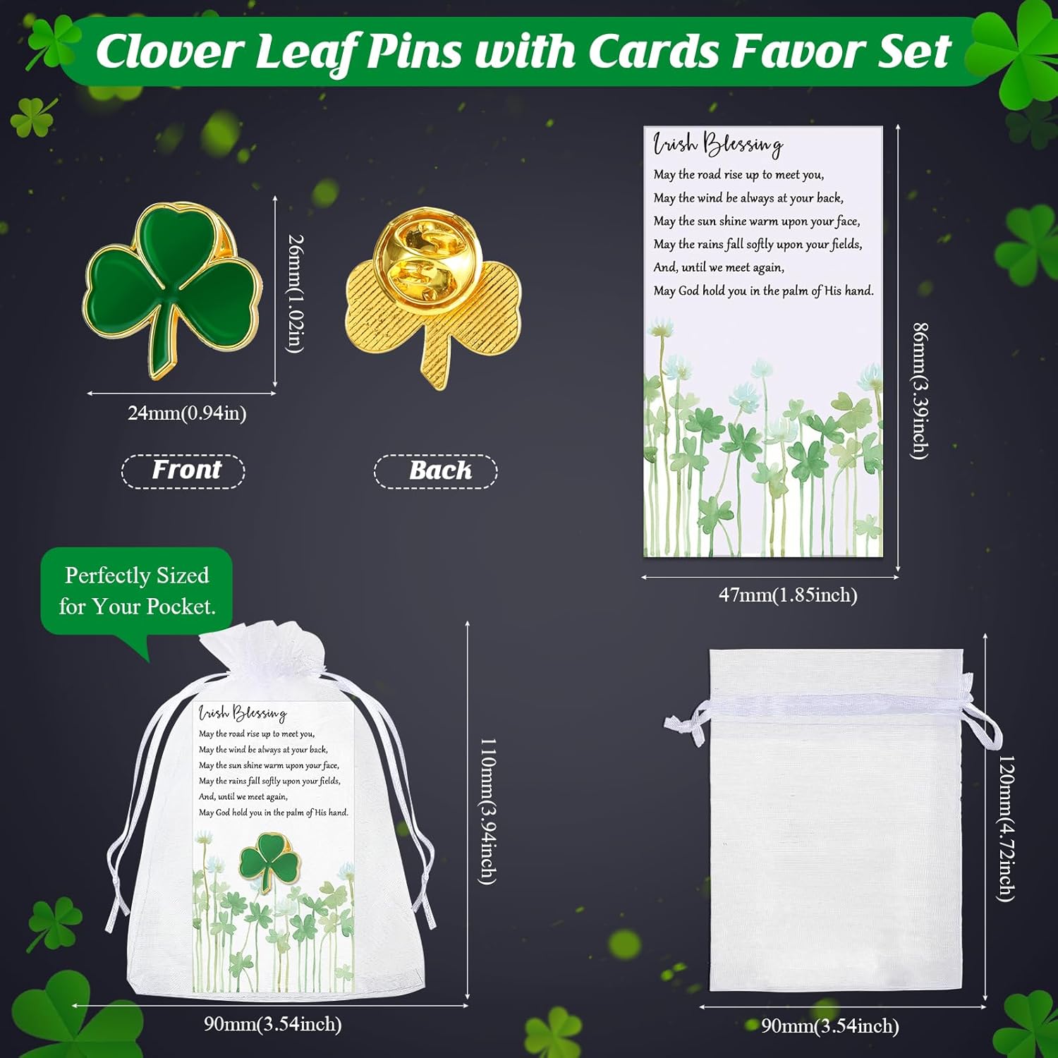 Inbagi Pins Shamrock Brooches Irish St Patrick Day Gift Favors Good Luck Three Leaf Pins with Blessing Cards and Organza Gift Bags - Image 2
