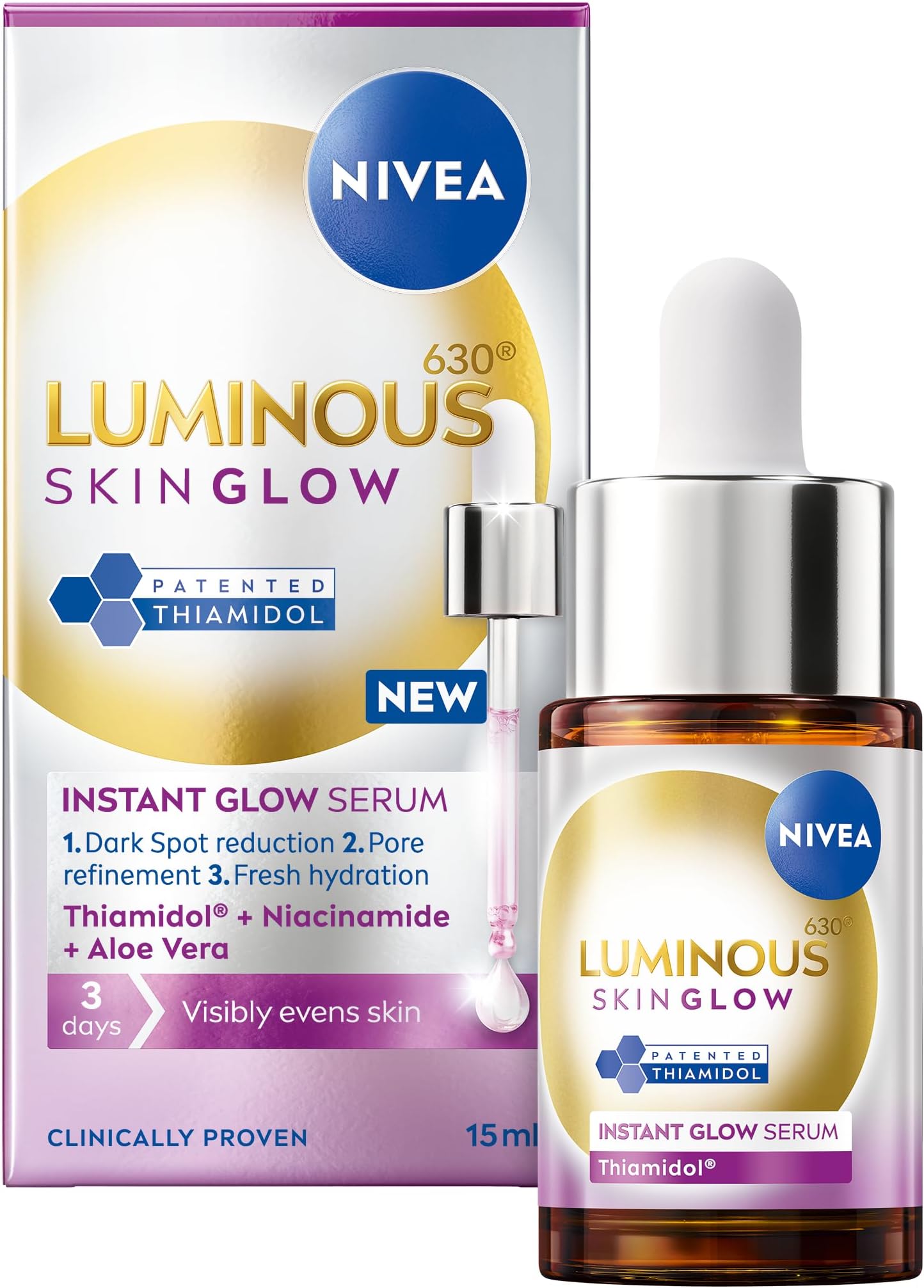 NIVEA Luminous 630 Even Glow Serum with Thiamidol 15ml, Serum for Face with Niacinamide and Aloe Vera, Refines Pores and Hydrates for Clear and Glowing Skin