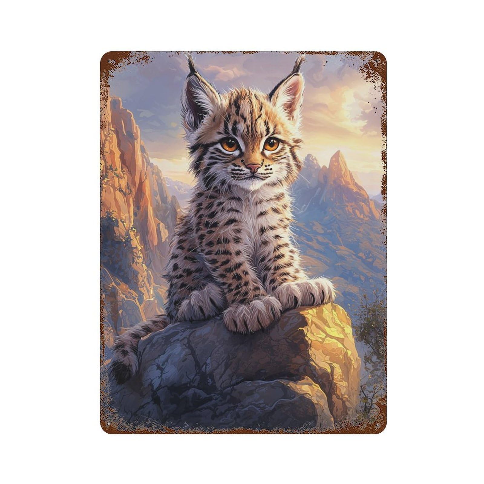 Rust Effect Lynx Kitten on Mountaintop Rusty Metal Tin Sign 15.7"x11.8", Old School Wall Decor for Cafe, Home Bar And Lounge Decor