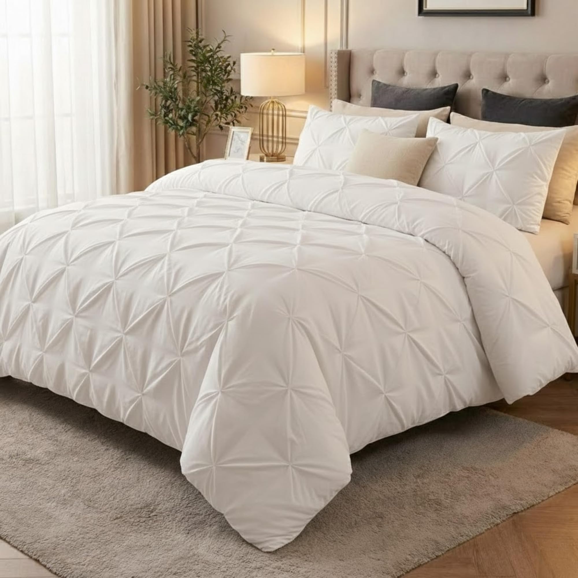 Z&A Homz Z&A Bedding White Pintuck Duvet Covers Double - Soft Brushed Microfiber Quilt Cover With Pillow Cases - Breathable & Washable Comforter - Easy Care Set