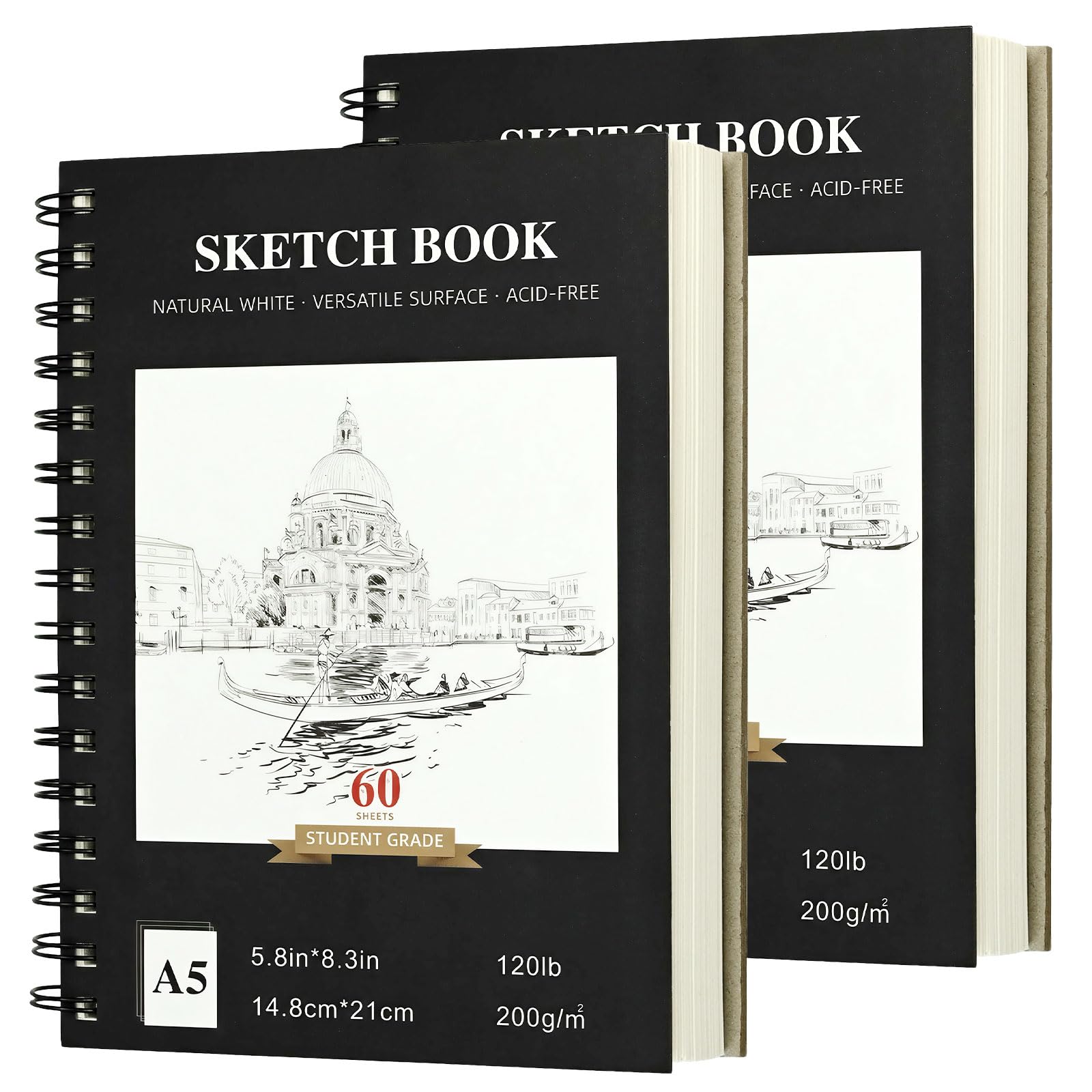2 Pack A5 Sketch Book, 200 GSM Thick Art Paper, Top Spiral Bound Drawing Pad, 240 Pages/120 Sheets, Art Sketchbook, Drawing Book for Artists Beginners Painting Sketching Journaling Graffiti(14X21CM)